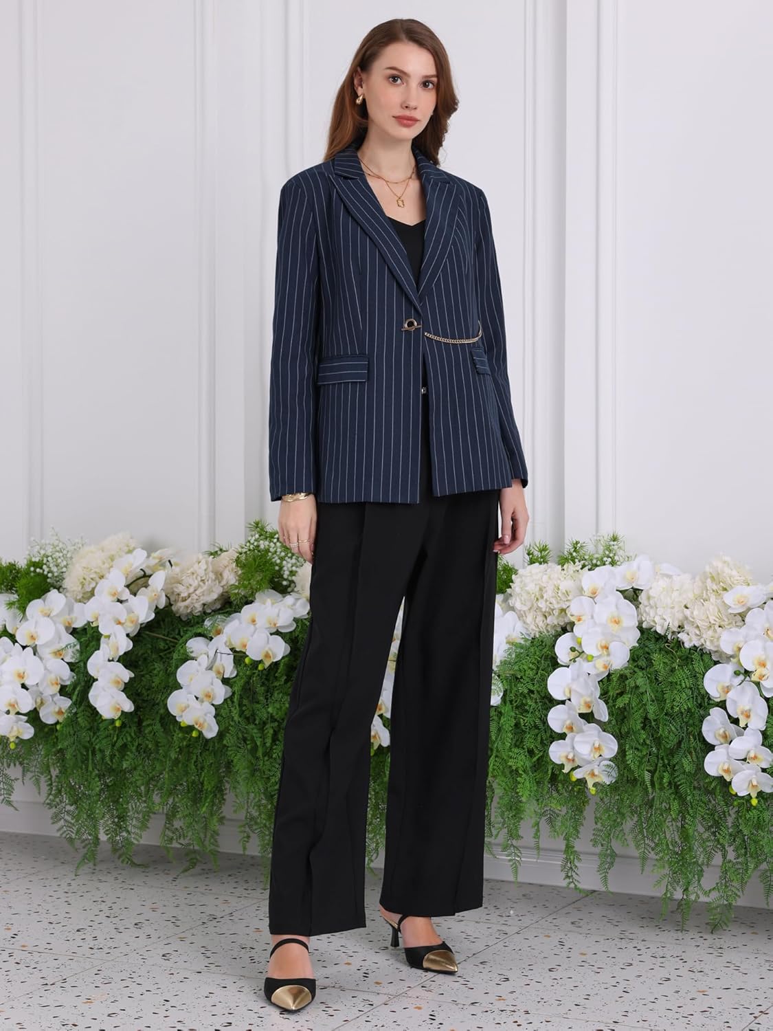 Women's Striped Blazers Lapel Collar Chain Decor Long Sleeve Work Office Jackets