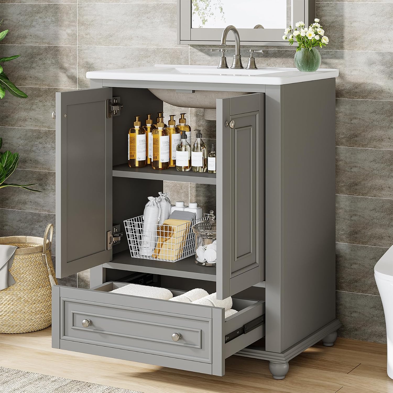 Tribesigns 24" Bathroom Vanity with Ceramic Sink Combo, Freestanding Bathroom vanities Storage Cabinet with 2 Doors & 1 Drawer, Solid Wooden Frame & Coated Surface, Metal Handle (Grey, 24 Inch)