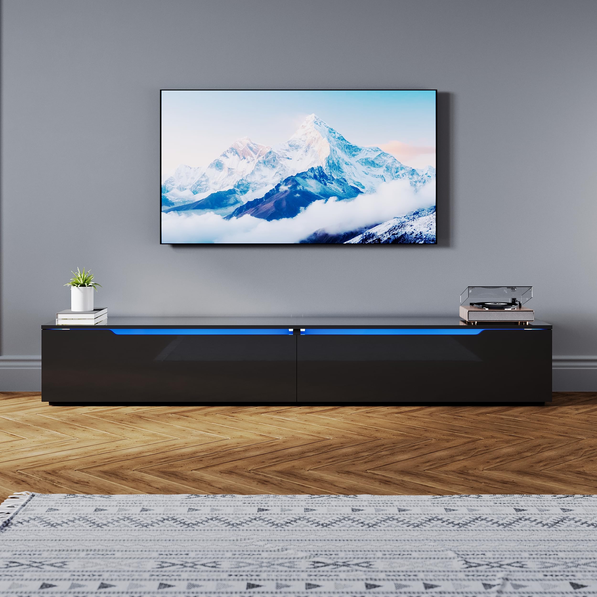 SONNI Szafka pod telewizor 200 cm, wysoki połysk, czarna, wisząca/stojąca, z 16 kolorami oświetlenia LED, 2 szuflady, stolik pod telewizor do salonu i sypialni, 200 x 35 x 30 cm.
