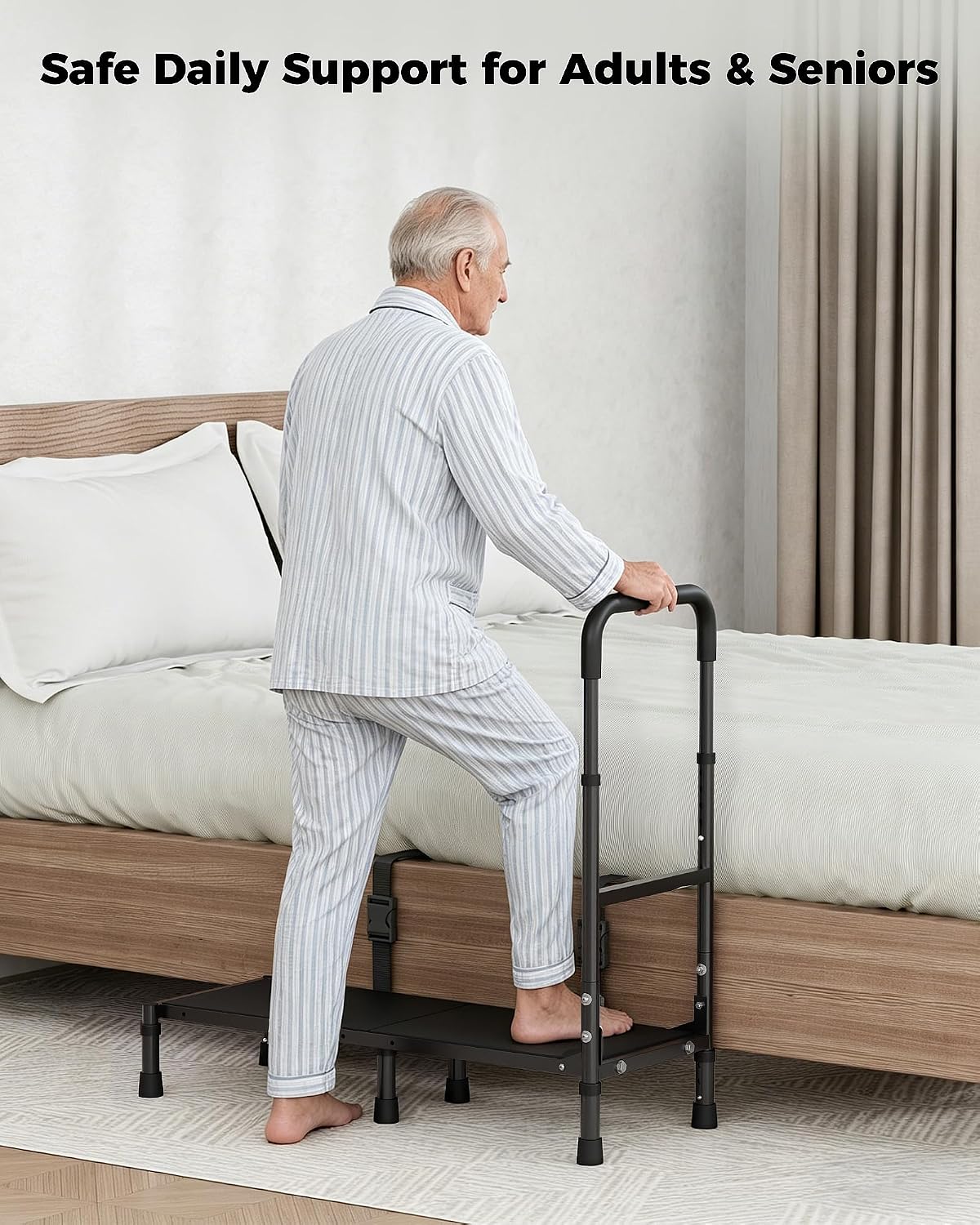 Bed Steps for High Beds for Adults, Step Stool with Handle for Elderly, Extra Long 34.5" Bedside Step Platform, Adjustable Height 5.6"-7.6", Non-Slip Foam Pad & Stable Steel Frame, Black