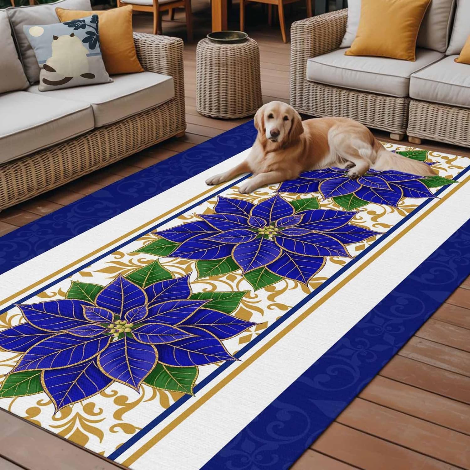 Christmas Outdoor Rug 4x6 ft Blue Poinsettia Flower Outdoor Large Area Rug Non Slip Rubber Floral Stripes Front Door Mat RV Rug Camping Carpet Patio Outdoor Rugs for Backyard Balcony Deck Porch Indoor