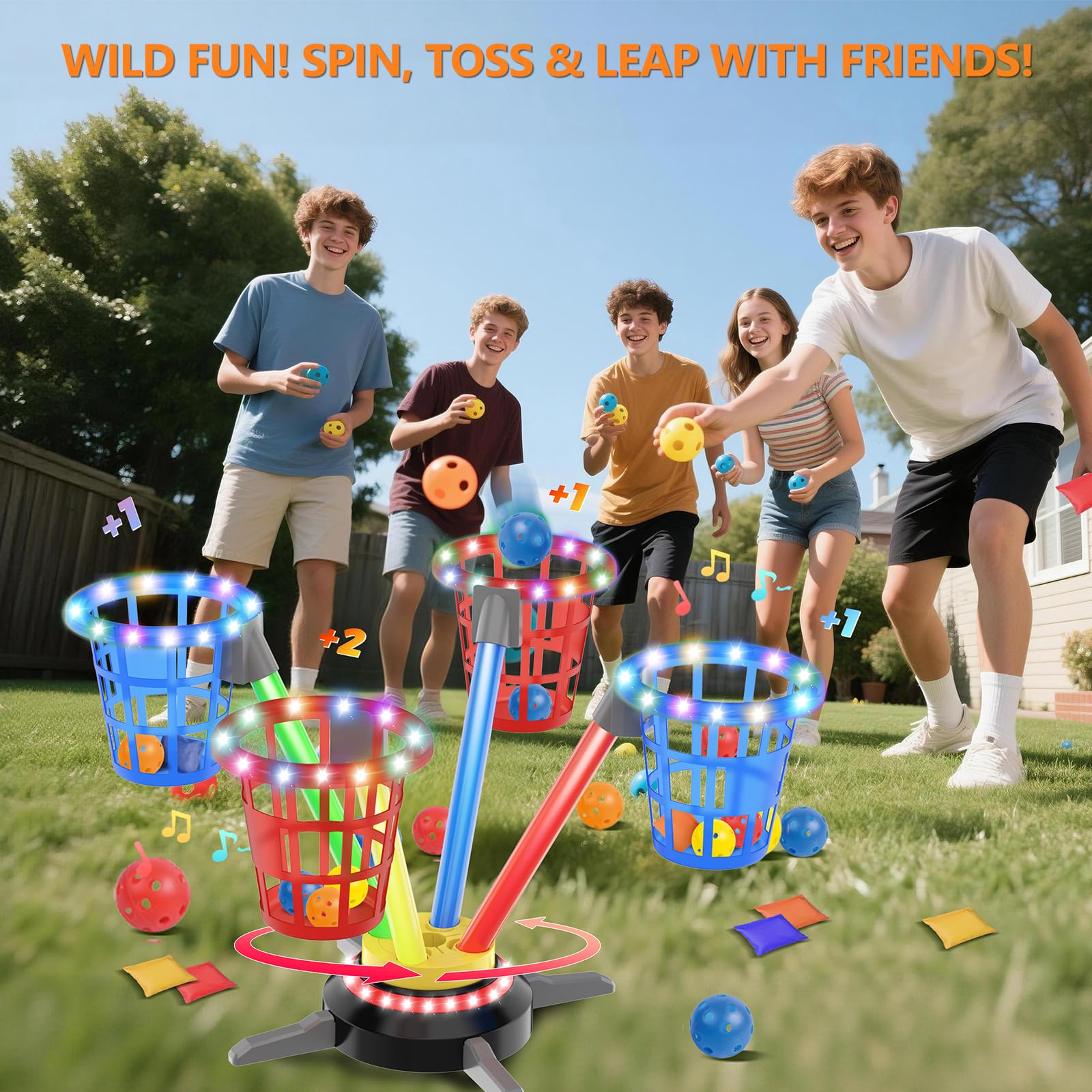 TERRAMUS 3-in-1 Ringwurfspiel mit Sandsäckchen für Kinder, wiederaufladbares Hüpfspiel mit Musik Licht, elektrischer Drehteller, Sandsäckchen Ringen, Indoor Outdoor Sportspielzeug für Jungen Mädchen