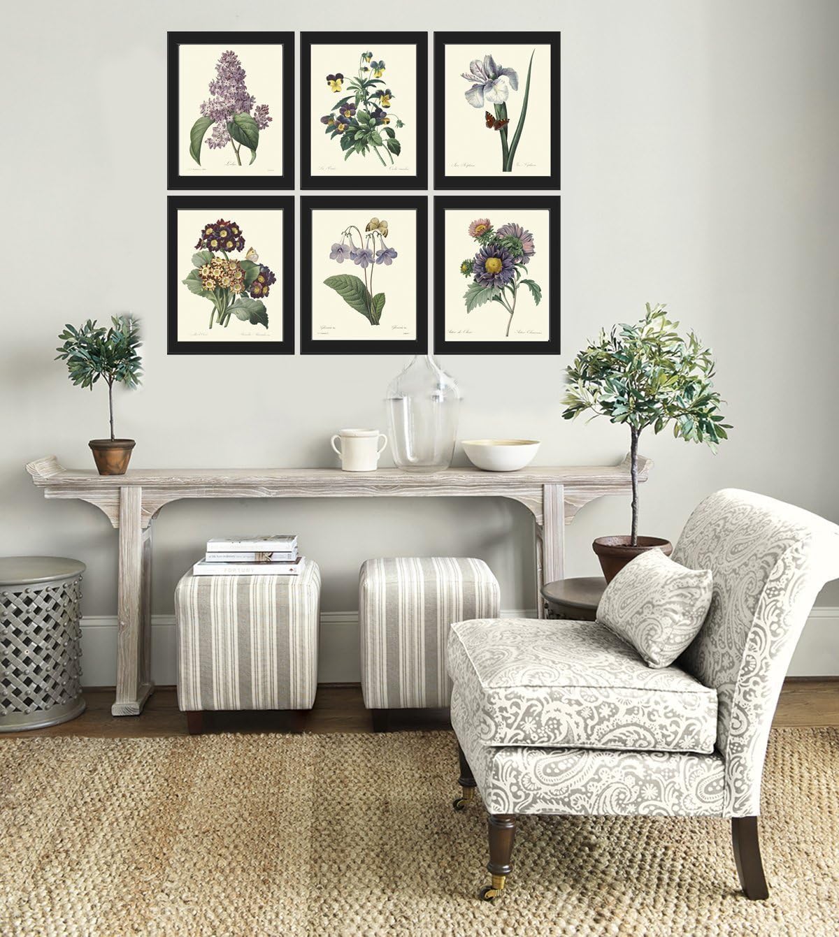 LoveThePrint Purple Violet Flower Botanical Wall Art Set of 6 Prints Antique Beautiful Garden outdoor nature Iris Aster Lilac Pansies Home Decor Chart Large Size Choises Interior Design Idea Unframed