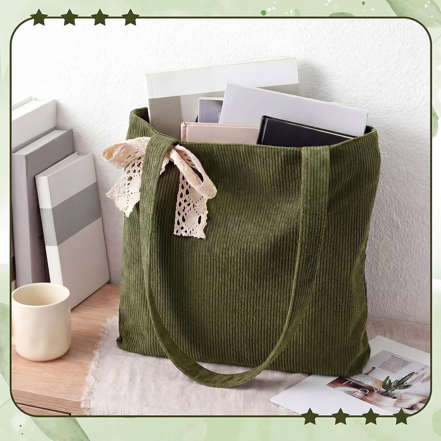 Paterr 6 Pack Corduroy Tote Bags for Women - Green Large Shoulder Bag with Zipper & Lace Ribbon Bow, Reusable Blank Grocery Bags, Bridesmaid Gift Bag Bulk, Wedding Bachelorette Party Favors DIY Craft