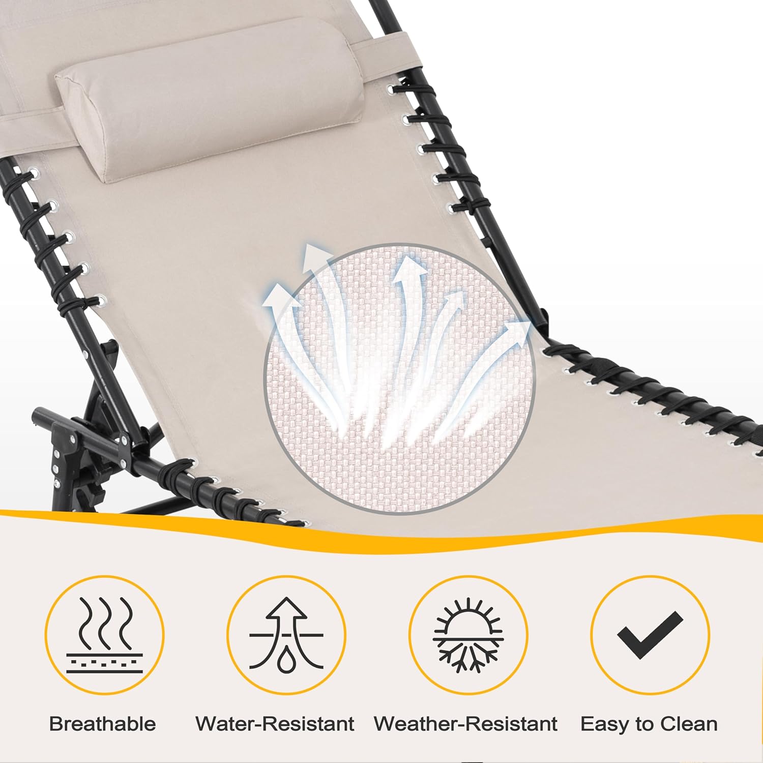 NUU GARDEN Outdoor Foldable Chaise Lounge Chairs - Tanning Chair with Face Hole & Pillow 5-Position Reclining Oxford Fabric - Portable for Beach, Poolside, Patio Camping (Khaki)