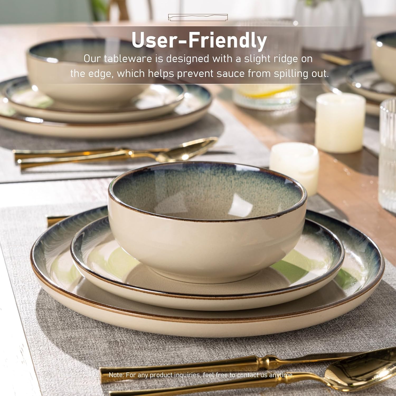 GBHOME Ceramic Dinnerware Sets for 4, 12 Pieces Stoneware Plates and Bowls Sets, Scratch Resistant Dishes, Dishwasher & Microwave Safe, Reactive Glaze-Gravel - Image 3