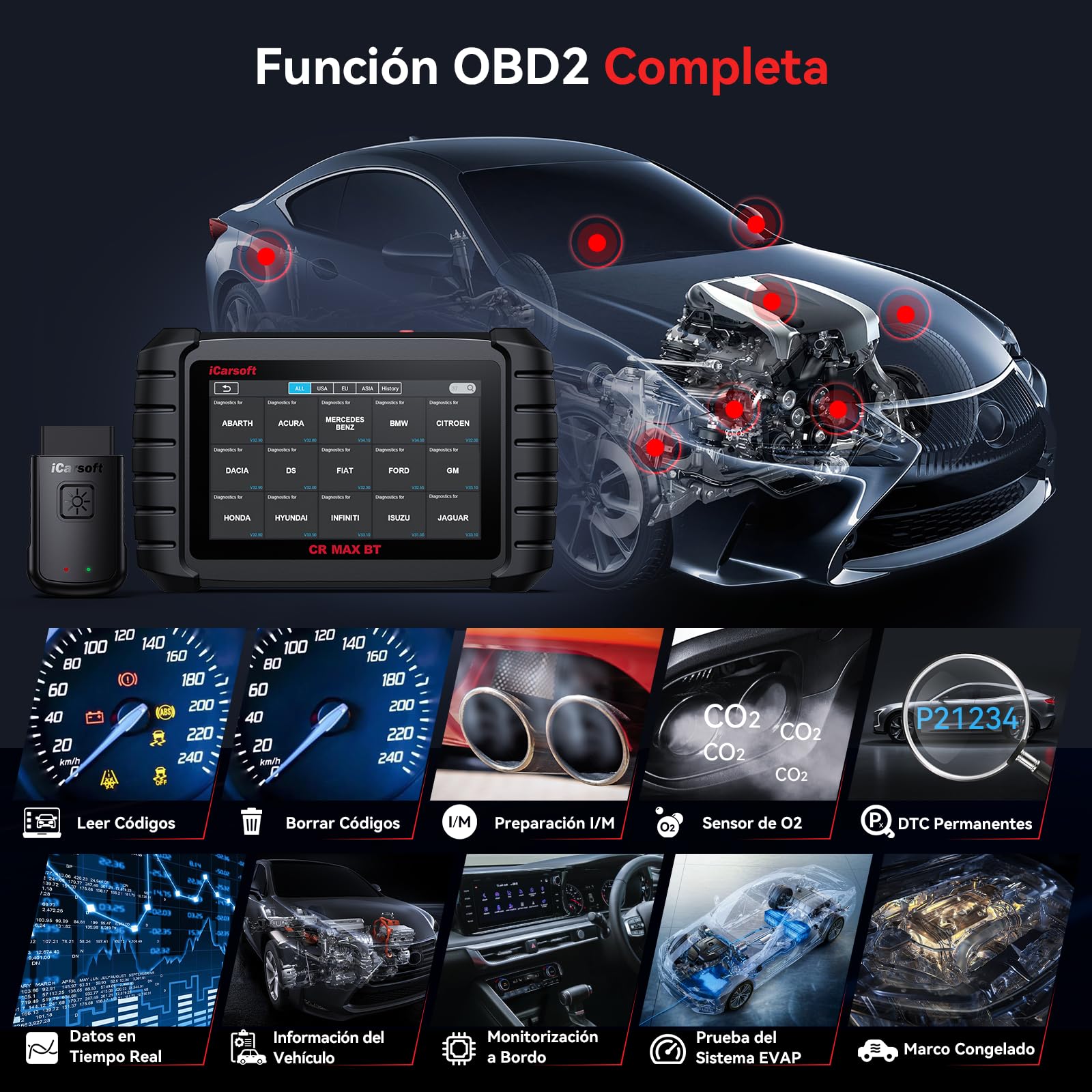 iCarsoft CR MAX BT OBD2 Máquina Diagnosis Coche Multimarca, Bidireccional Escáner de Todo el Sistema, 49 Funciones Reinicio, Codificación de ECU, CANFD, Vin Automático, 2 Adaptadores Incluidos