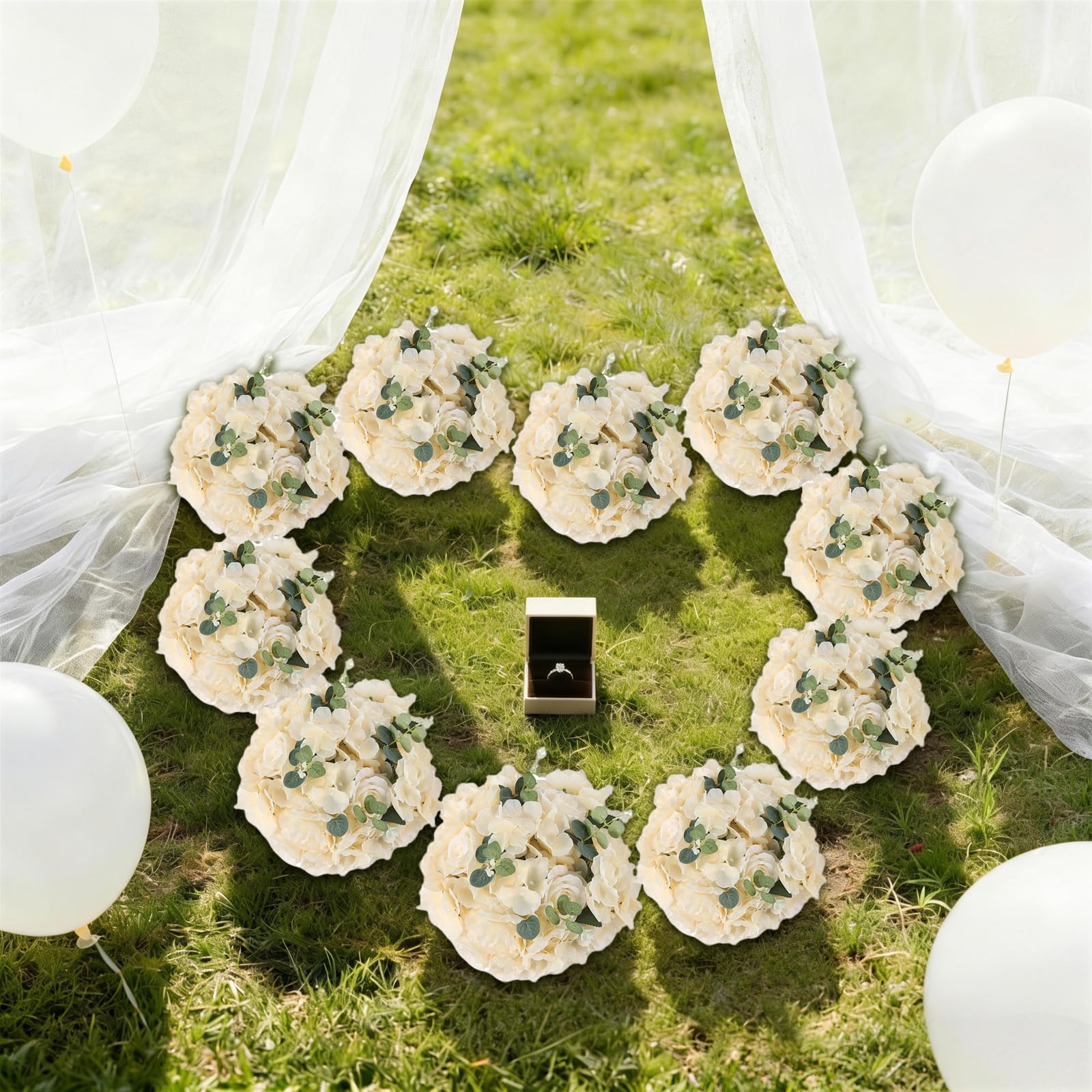 Künstliche Rosen Blumenkugeln 10 Stück 40cm Champagner, Hochzeit | Stoff & Kunststoff, 40x20cm, Basis 20cm, für Tisch & Wand, pflegeleicht, wiederverwendbar, Hochzeitsdeko, Partydeko, Geschenk