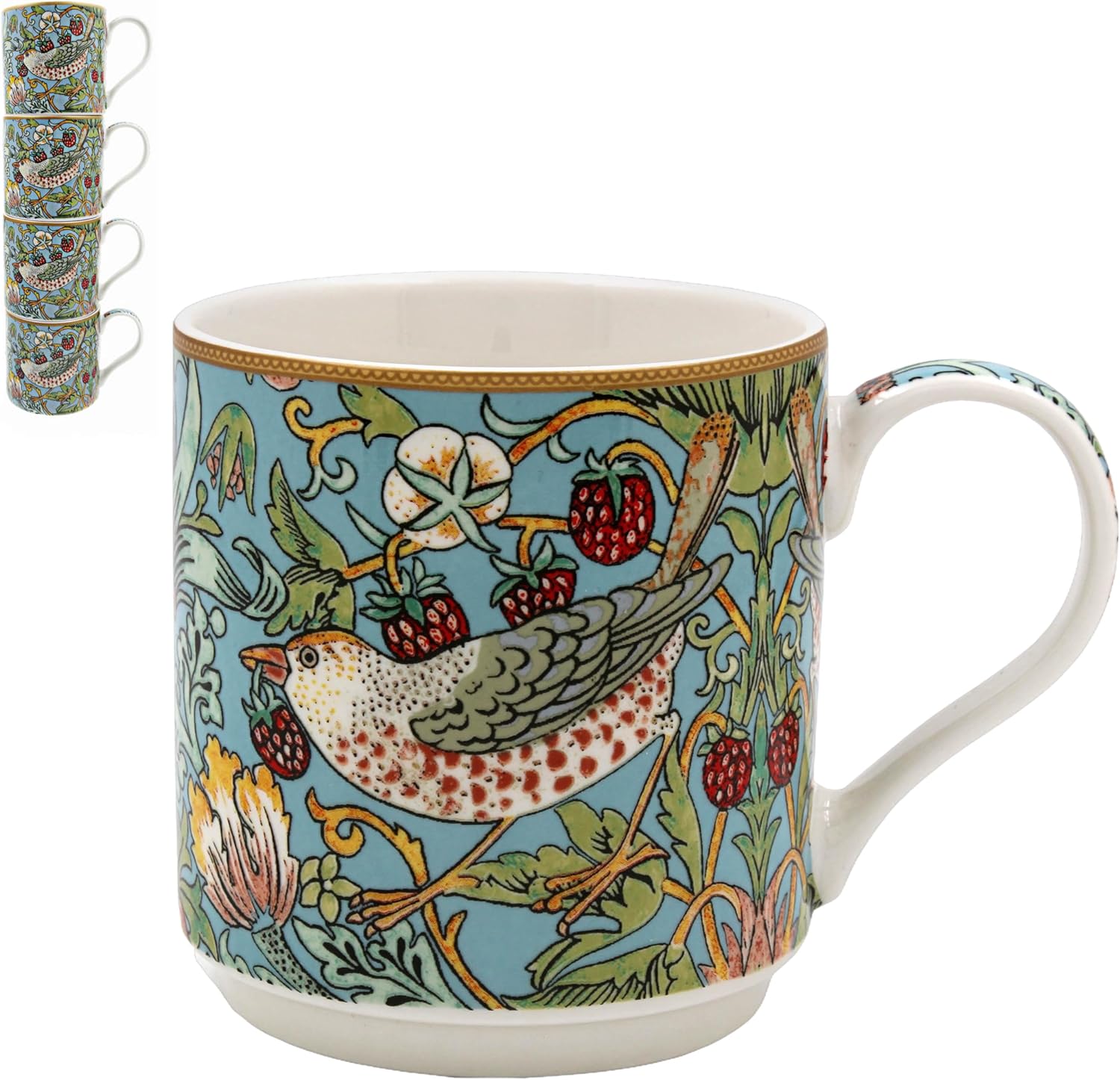The Leonardo Collection William Morris Strawberry Thief Stacking Mugs 300ml for Coffee, Tea and Hot Drinks | Fine China Coffee Mugs for Daily Use | Practical Drinkware Gifts for Women & Men