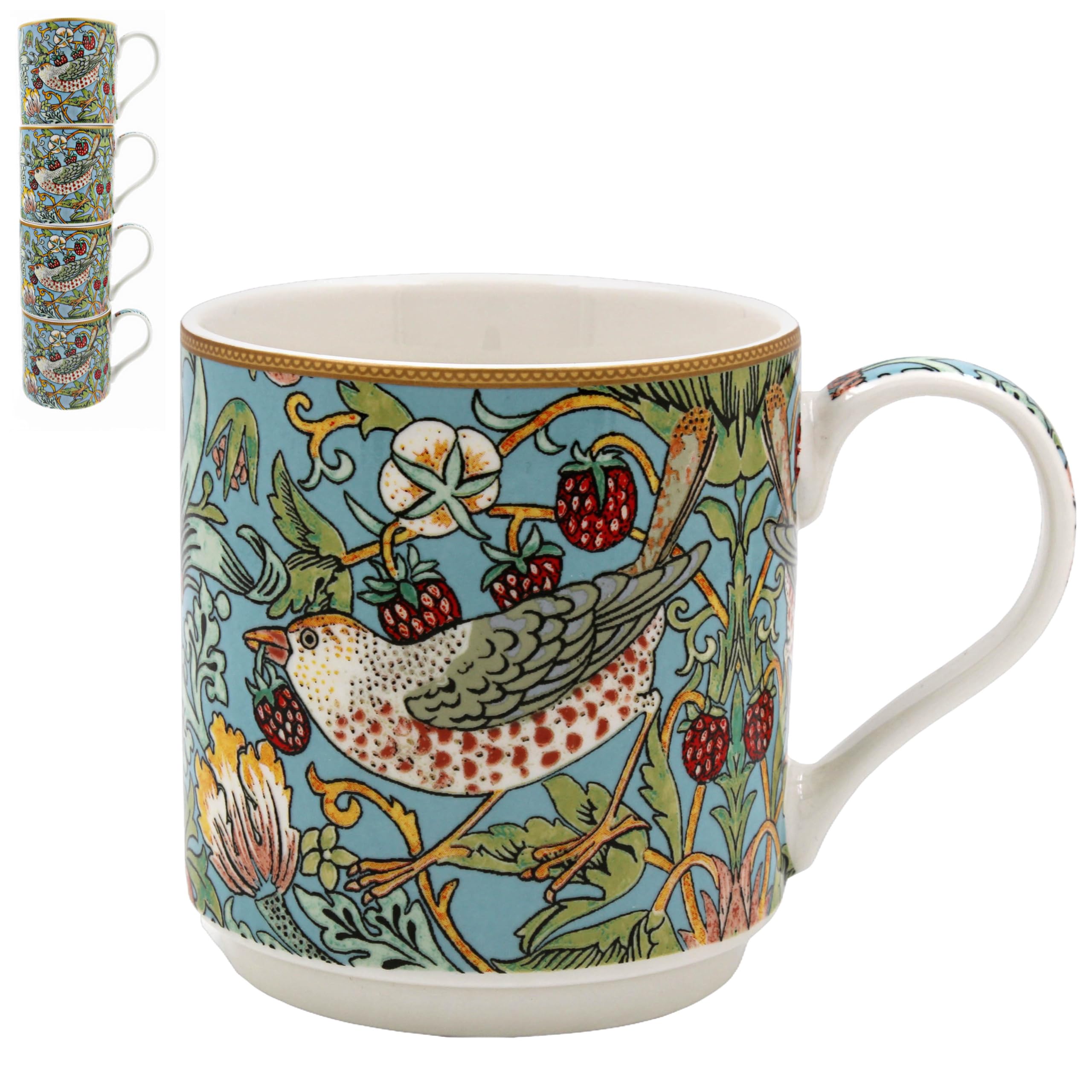 The Leonardo Collection William Morris Strawberry Thief Stacking Mugs 300ml for Coffee, Tea and Hot Drinks | Fine China Coffee Mugs for Daily Use | Practical Drinkware Gifts for Women & Men