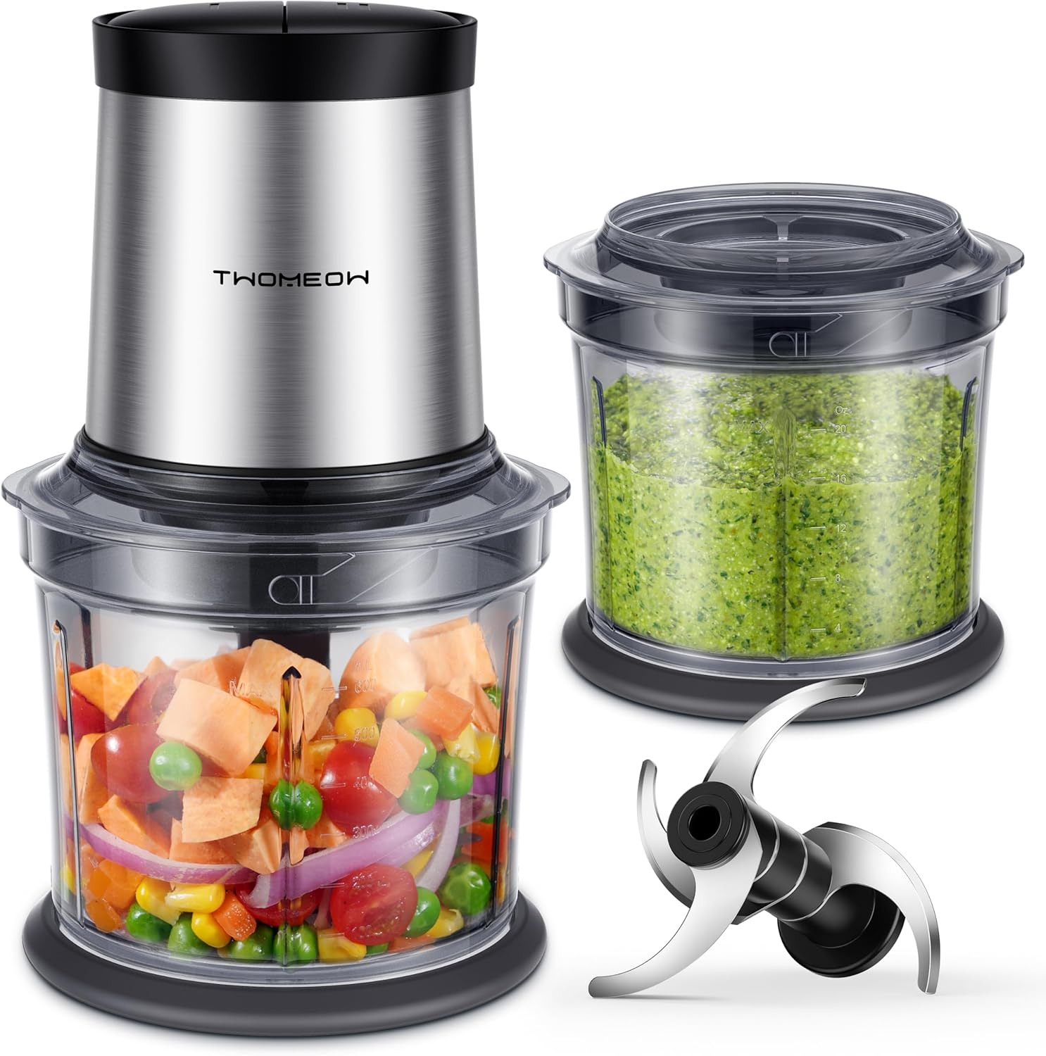 Food Processor 4 Cup, Electric Food Chopper, Small Meat Grinder with 2 Bowls, 2 Speed & 4 Blades for Vegetable, Meat, Nuts, Functions for Chopping, Dicing, Mixing and Puree