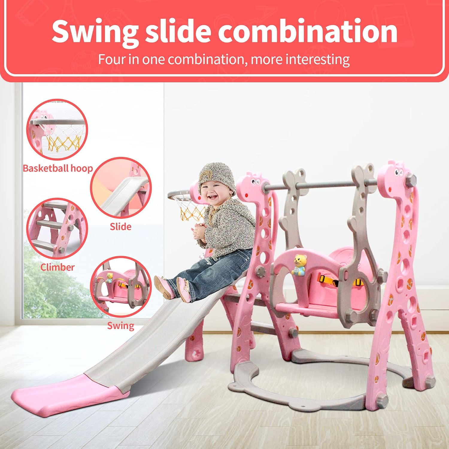 Kids Swing and Slide Set w/ Basketball Hoop & Music Player Kids Fun Slide Set for Indoor and Outdoors Playground Play Set (Giraffe Pink) : Toys & Games