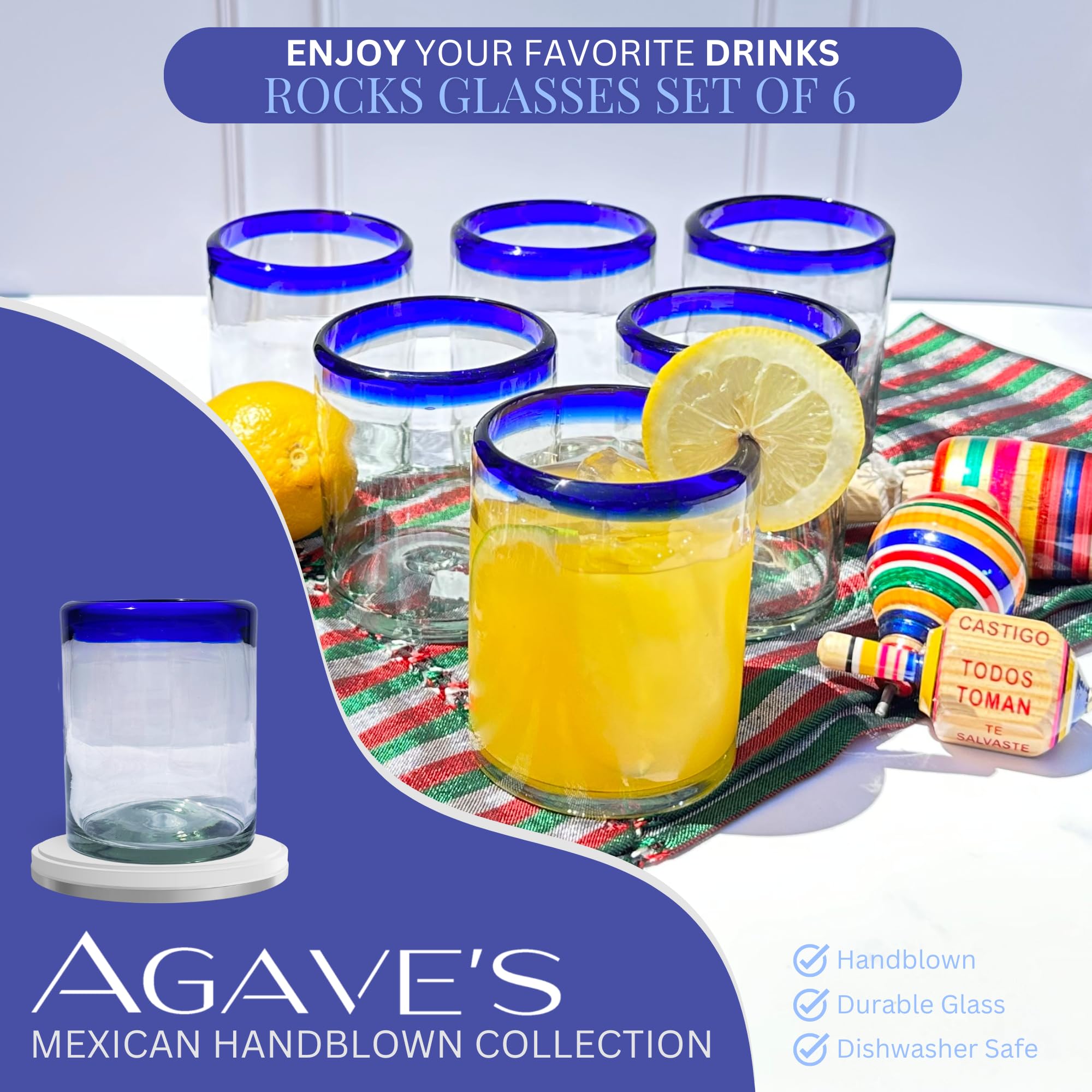 AGAVE'S GLASSWARE Juego de 6 vasos (10 onzas), vasos de cristal con borde azul cobalto, cristalería mexicana, cristalería azul cobalto, vasos de cóctel (borde azul cobalto, 10 onzas)