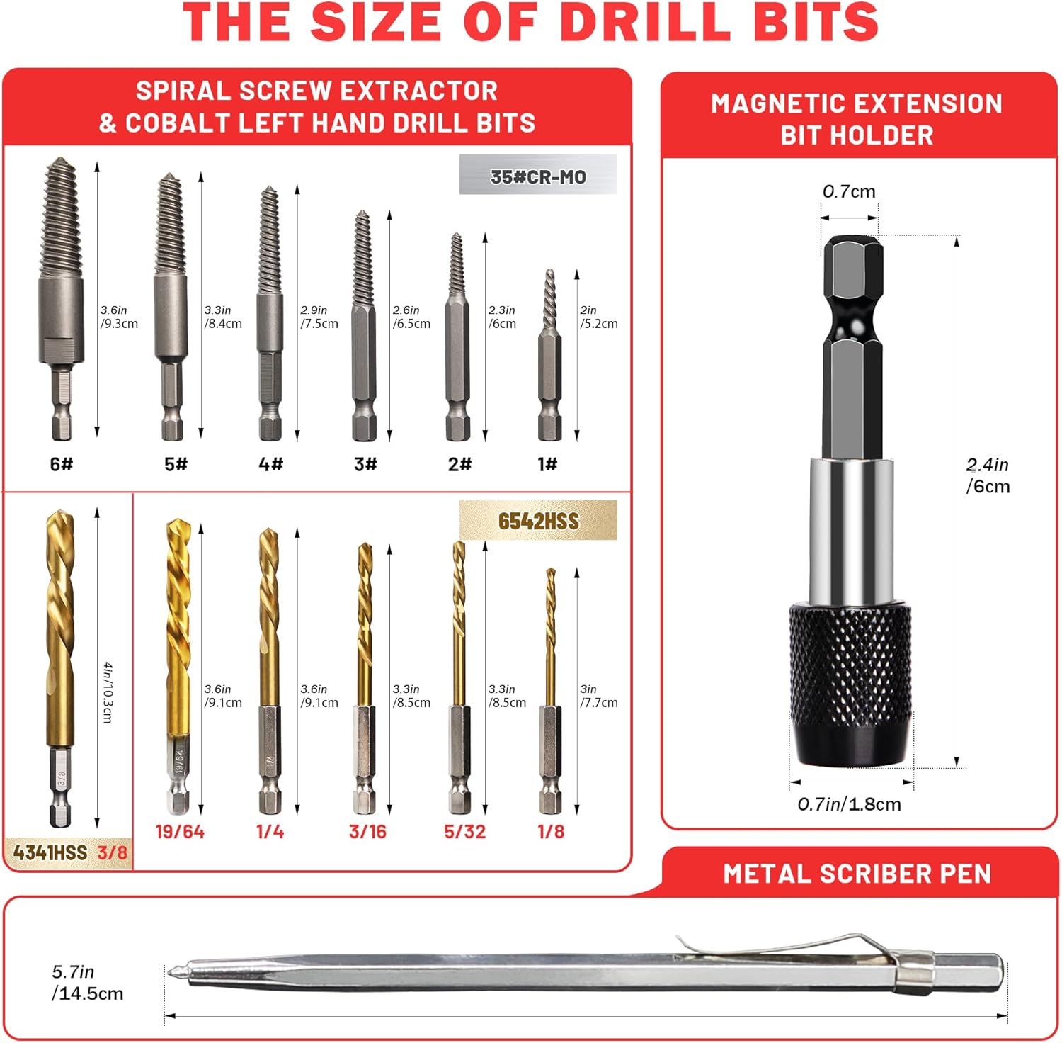 14PCS Spiral Screw Extractor Set with Tungsten Carbide Tip Scriber Pen - 6542/4341 HSS Steel Cobalt Left Hand Drill Bits Set - 1/4'' Adapter - Removing Stripped Screws Bolts