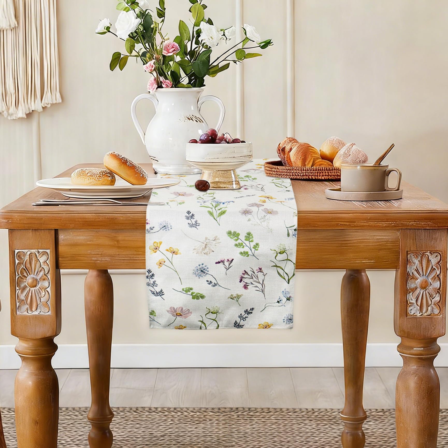 Spring Table Runner, Linen Flower Table Runner Seasonal Spring Kitchen Dining Table Decoration for Home Party Decor 40 x 180cm — view 3