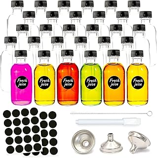 volila Ginger Shot Bottles with Lids - 60ml x Pack of 24 Miniature Alcohol Bottles for Juice, Wedding Favours and Decor - Glass Bottles with Lids, Metal Funnel, Stickers, White Pen, Cleaning Brush
