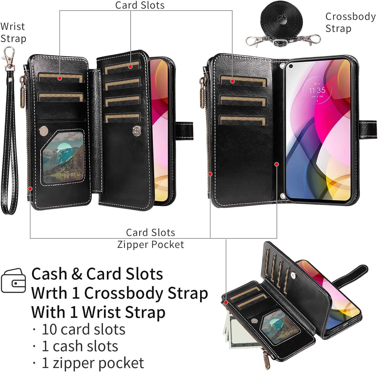 Asuwish Phone Case for Moto G Stylus 5G 2021 Cover with Tempered Glass Screen Protector and Lanyard Zipper Wallet Card Holder Slot Stand Cell Accessories Motorola GStylus G5 XT2131DL Women Men Black