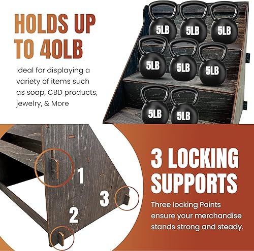 Miniatura 3 de Soporte de Mesa de Exhibición Portátil de Madera Quemada para Mostrador con Elevador de 3 Escalones para Ferias de Artesanías, Mercados de Ébano