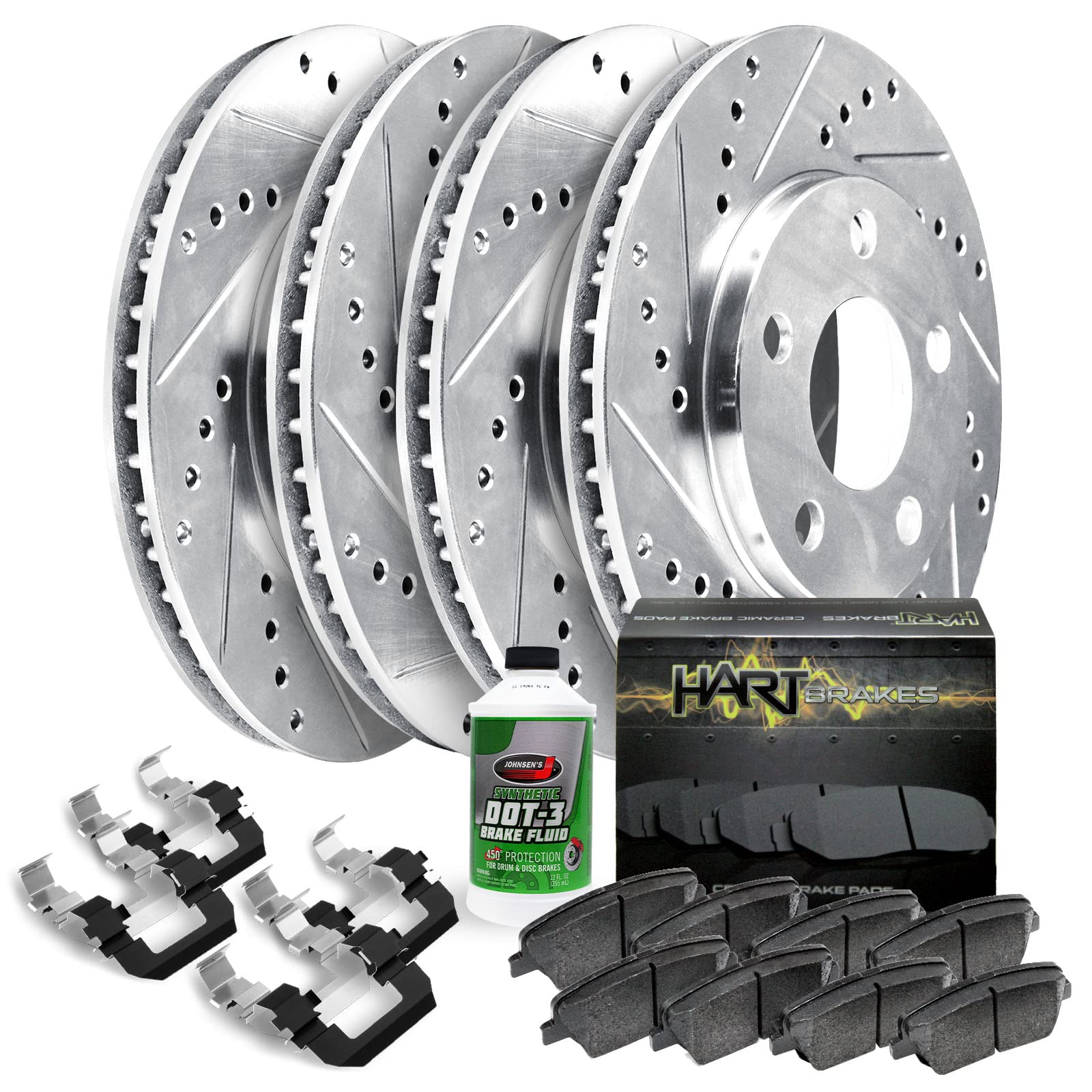 Hart Brakes Front and Rear Brake Rotors Silver Drilled Slotted Ceramic Pads Compatible For 2005-2012 Mercedes-Benz G55 AMG, GL320, GL350, GL450, GL550, ML320, ML350, ML450, ML500, ML550, R320