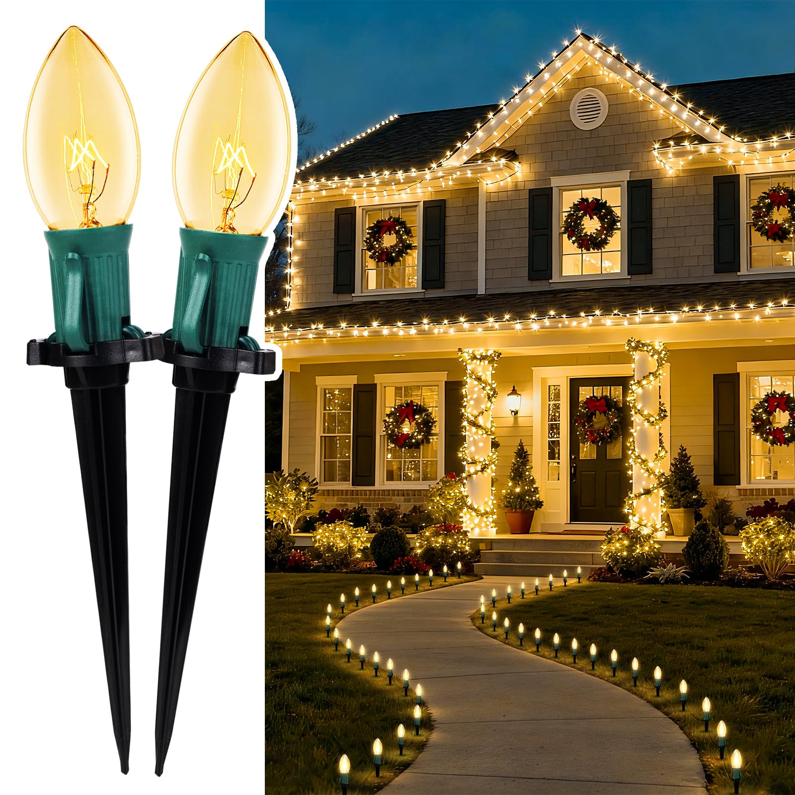 C9 Christmas Lights Outdoor, 2 Packs Total 51.4 Ft 40 Bulbs Christmas Pathway Lights, Waterproof Walkway Lights for Outside Driveway Sidewalk Outdoor Decorations Yard, Clear