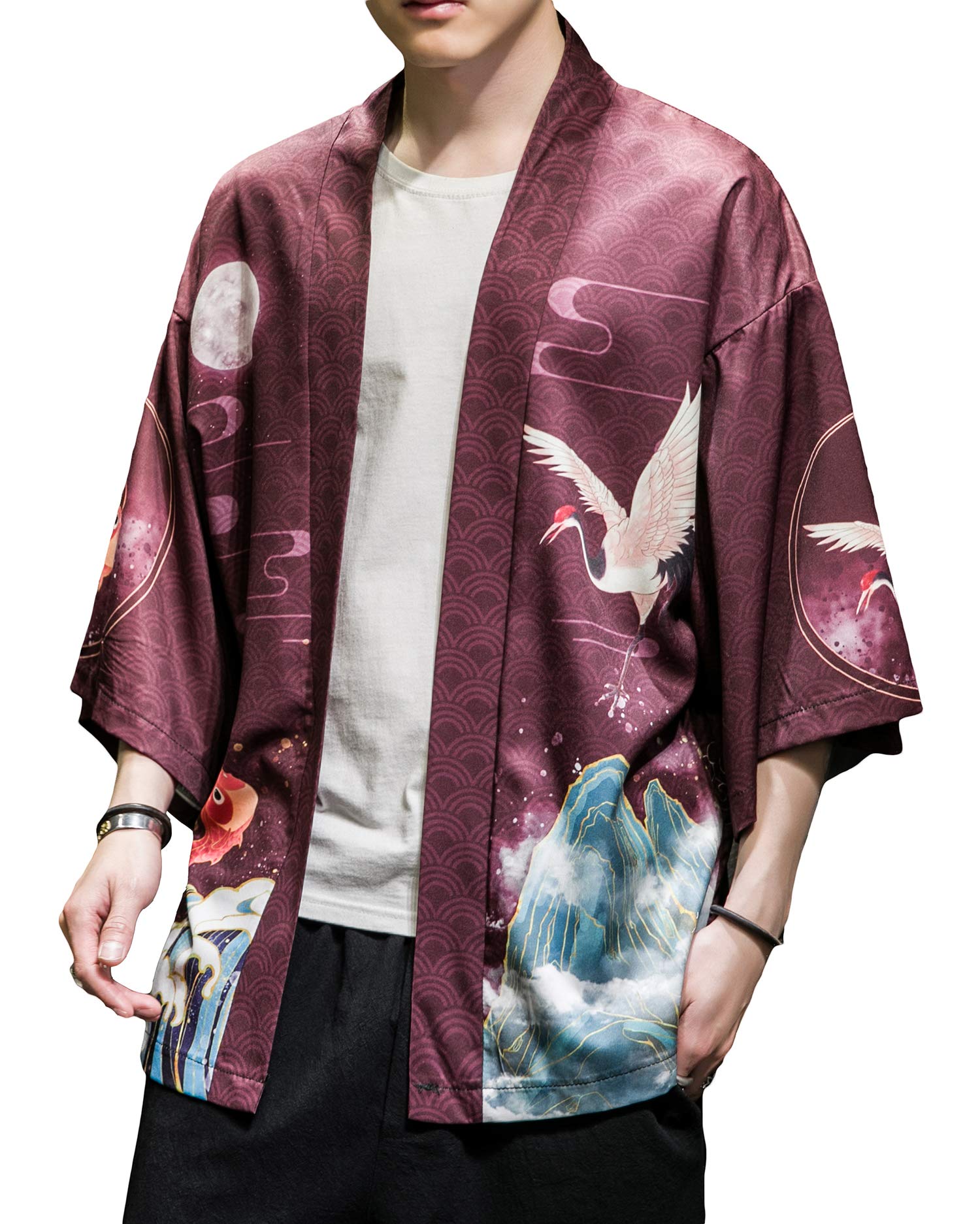 PRIJOUHE Men's Japanese Kimono Robe Jacket 3/4 Sleeve Open Front Yukata