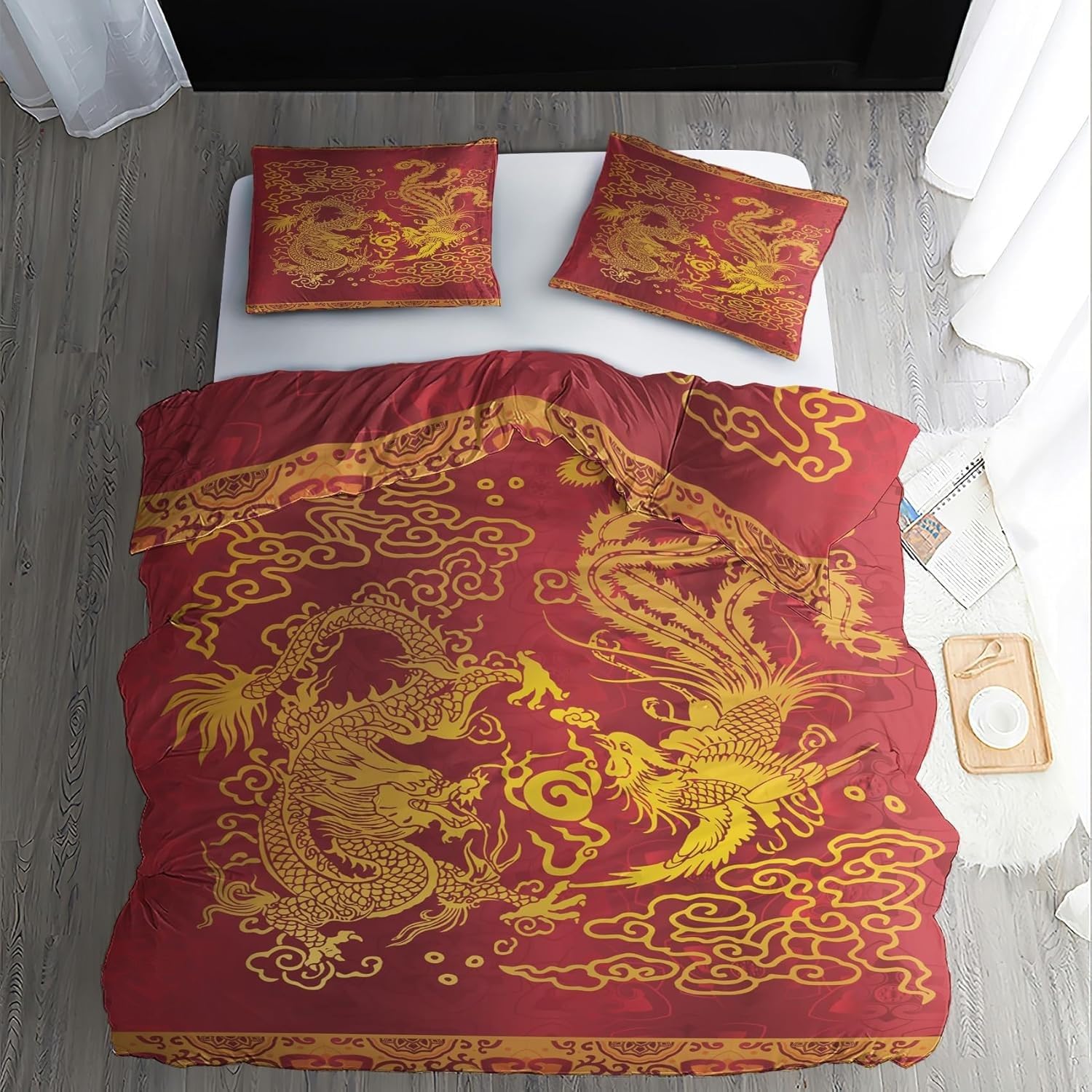 Bsyyzqc Boys Red Dragon Phoenix Cloud Double Duvet Cover Bedding Double Bed Set Super Soft Print Microfibre, 3D Prints Quilt Cover With Zipper Closure And 2 Pillowcases 19"X29" For Girls