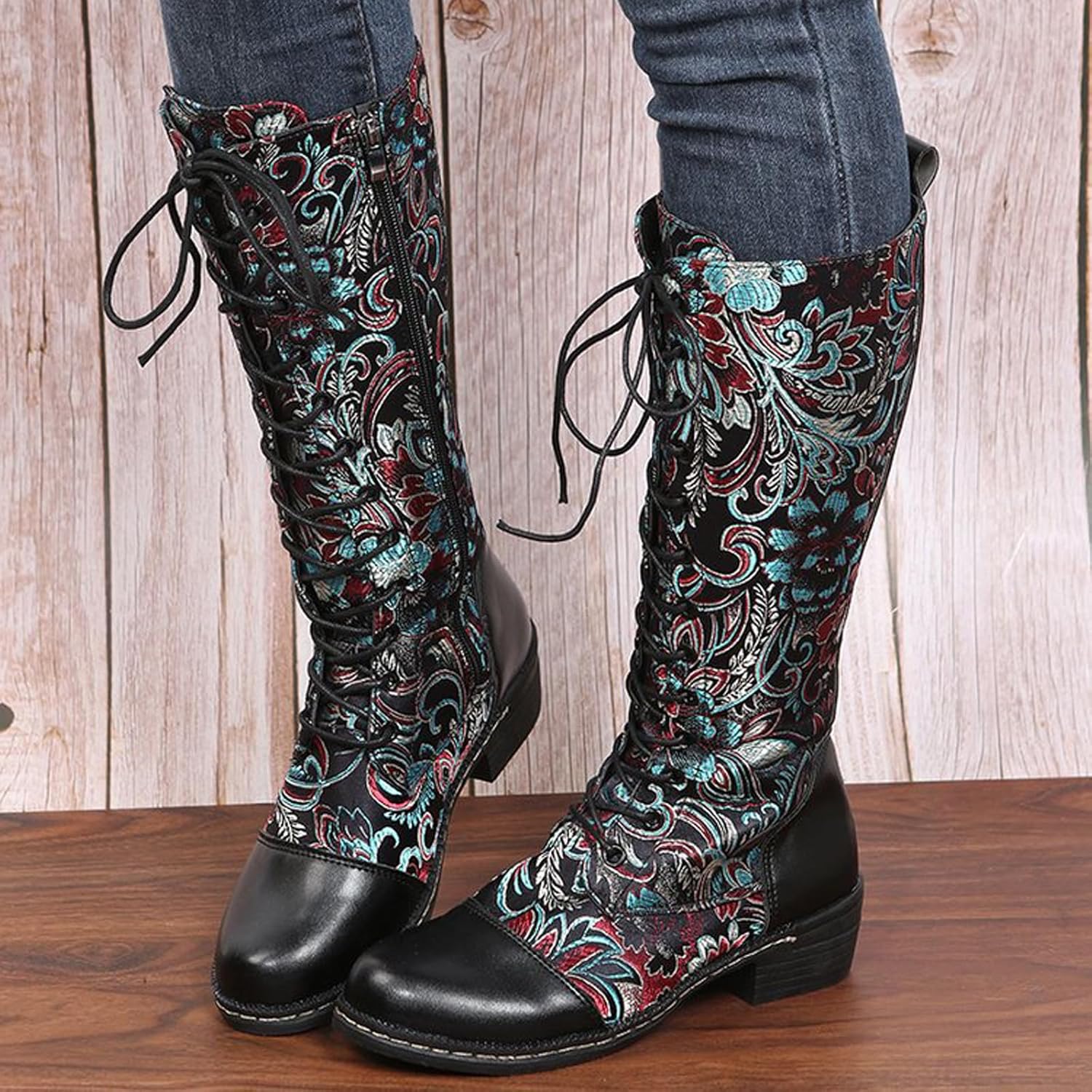 Traveltopp Women's Embroidered Lace up Knee High Cowgirl Boots Retro Ethnic Style Low Heel Mid Side Zipper Western Cowboy Mid Calf Boots