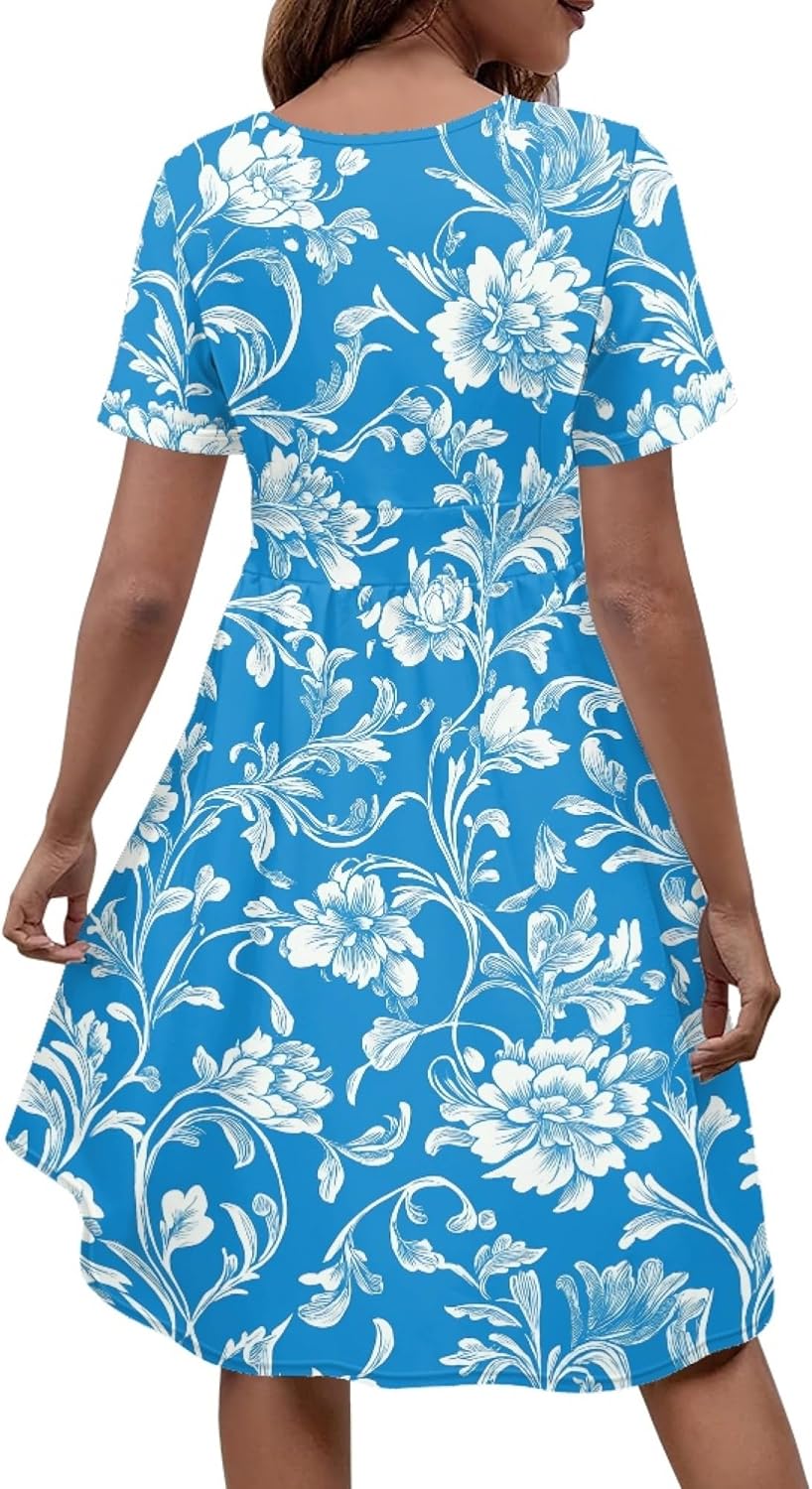 Women 2025 Floral Print Dresses Short Sleeve V Neck Empire Waist Mini Casual Dress Swing Flowy Sun Dress - Image 2