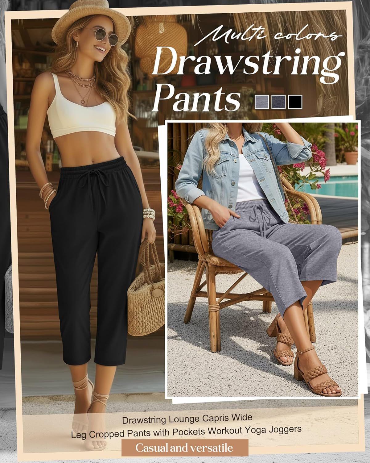 Huukeay 3 Pack Women's Capri Pants, Drawstring Lounge Capris Wide Leg Cropped Pants with Pockets Workout Yoga Joggers - Image 4