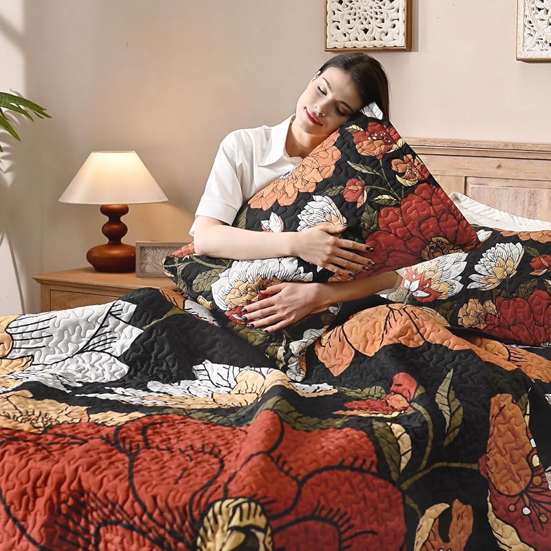 Andency Quilt King Size, Black Floral Boho Summer Bedspread 3 Pieces image 3