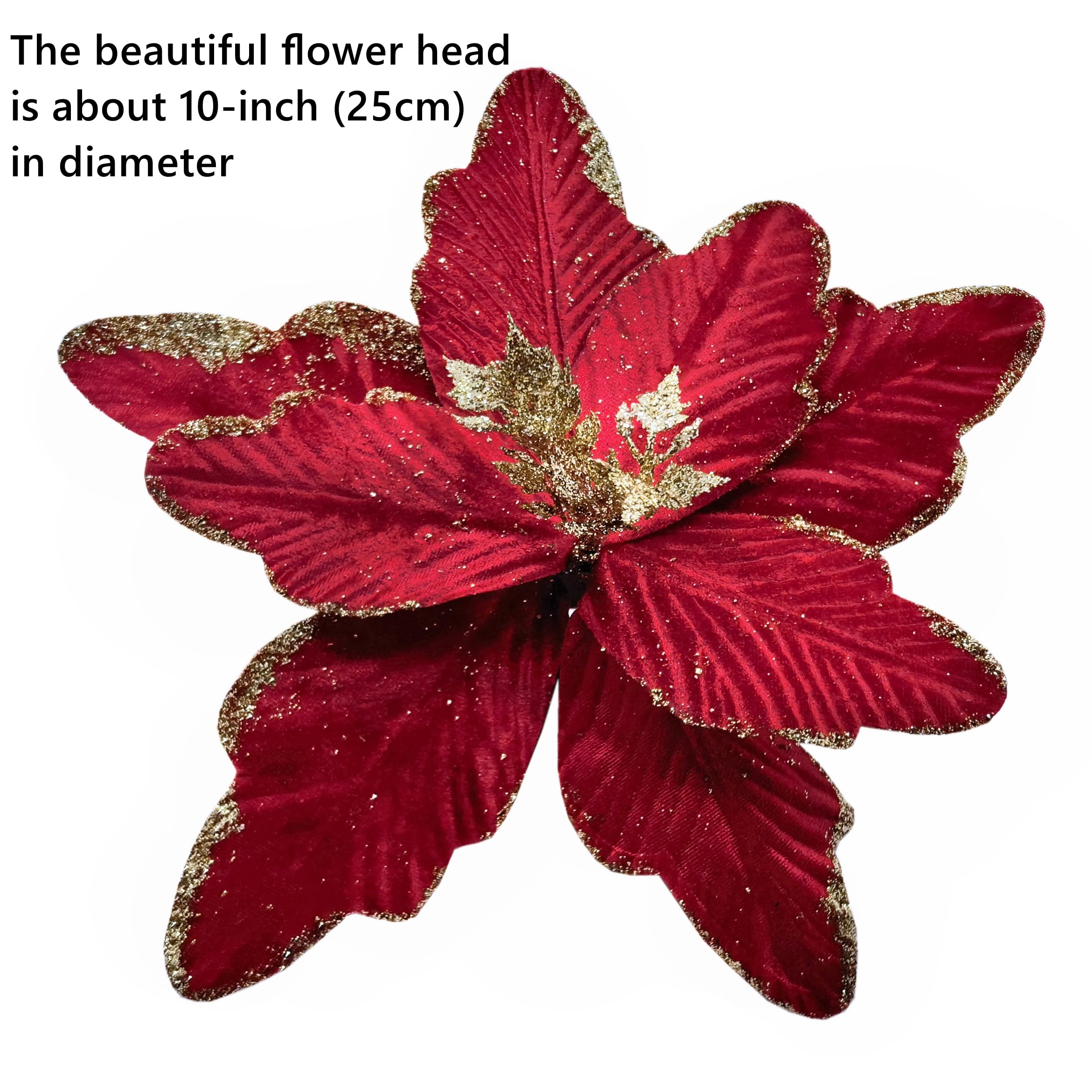 M2cbridge Large Christmas Poinsettia Glitter Foldable Floral Picks Stems for Christmas Tree Decorations Wedding Centerpiece (6pcs Wine Red) - Image 3