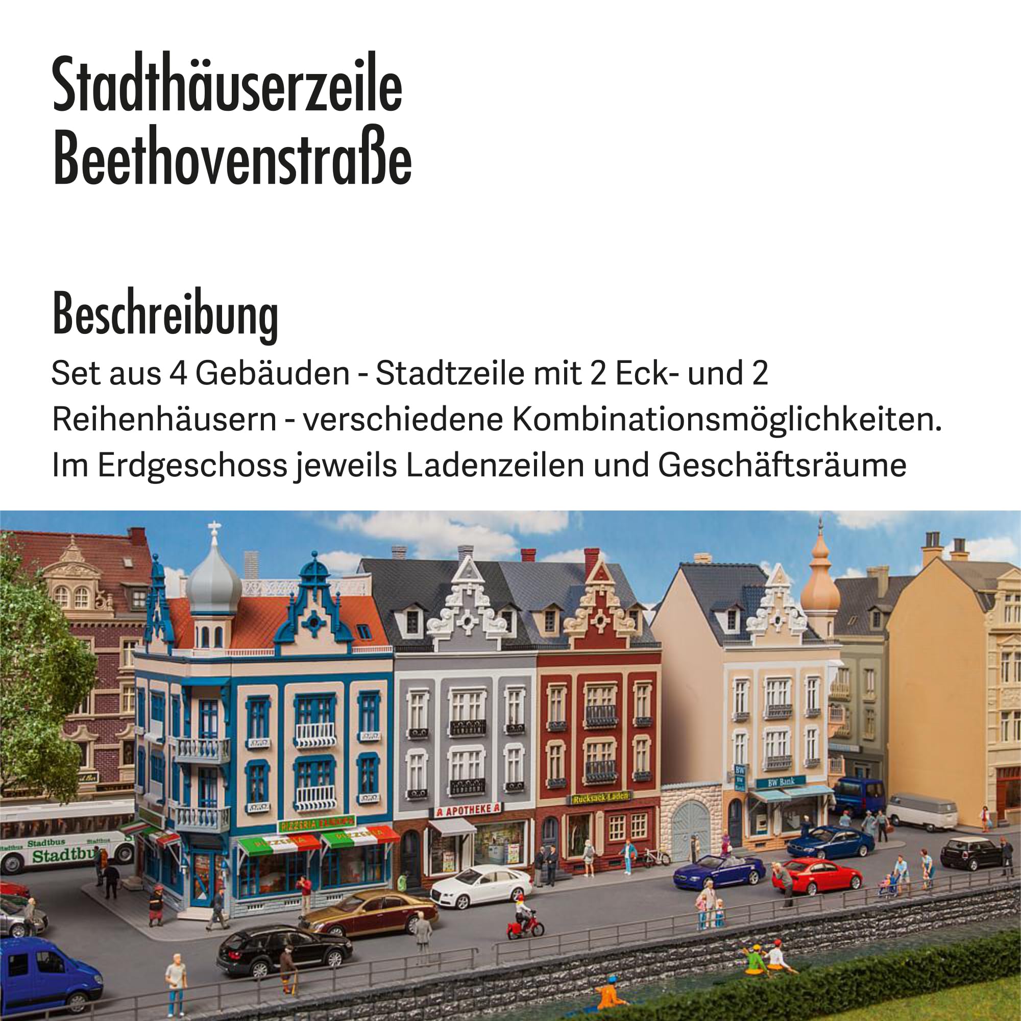 FALLER Stadthäuserzeile Beethovenstraße Modellbausatz mit 1068 Einzelteilen 452 x 118 x 200 mm I Modelleisenbahn Zubehör H0 I Modelleisenbahn H0 Stadt