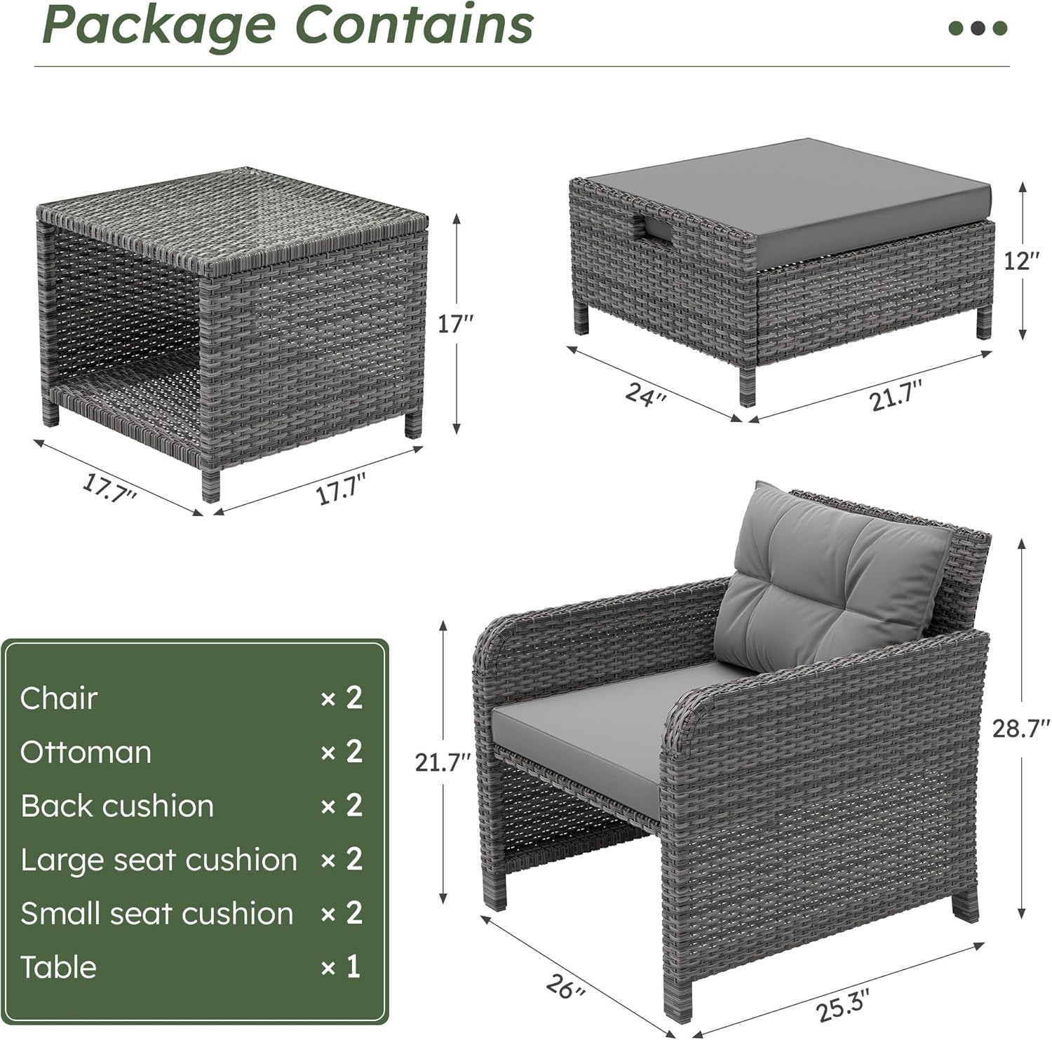 LHBcraft Balcony Furniture 5 Piece Wicker Patio Furniture Set, Outdoor Hand-Woven Rattan Lounge Chairs with Tempered Glass Coffee Table, Ottomans & Soft Cushions for Front Porch, Garden, Grey