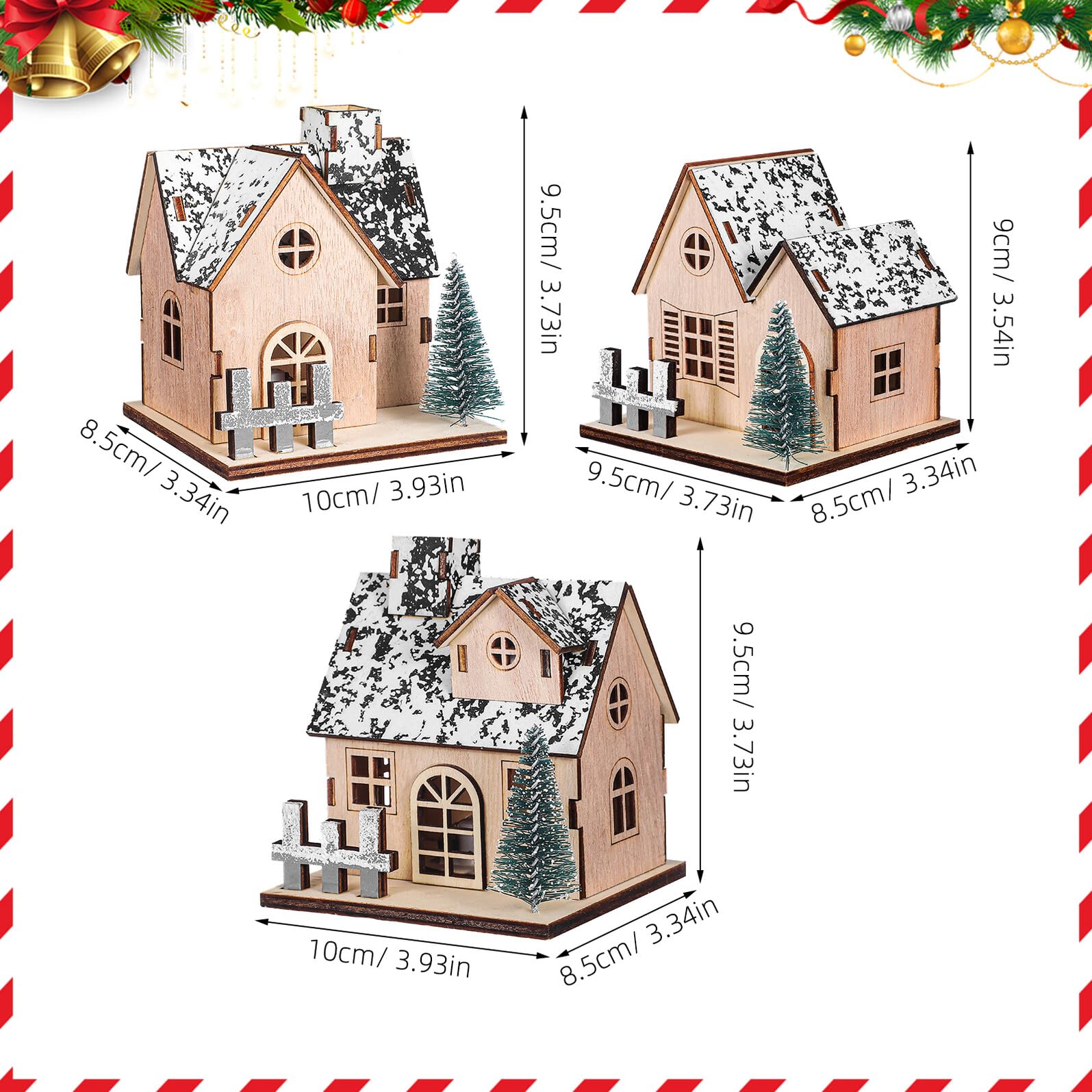 HEMOTON 3pezzi Casetta di Legno Natalizia Illuminata LED Mini Case di Natale in Legno Villaggio di Case di Natale Luci per Decorazioni Invernali