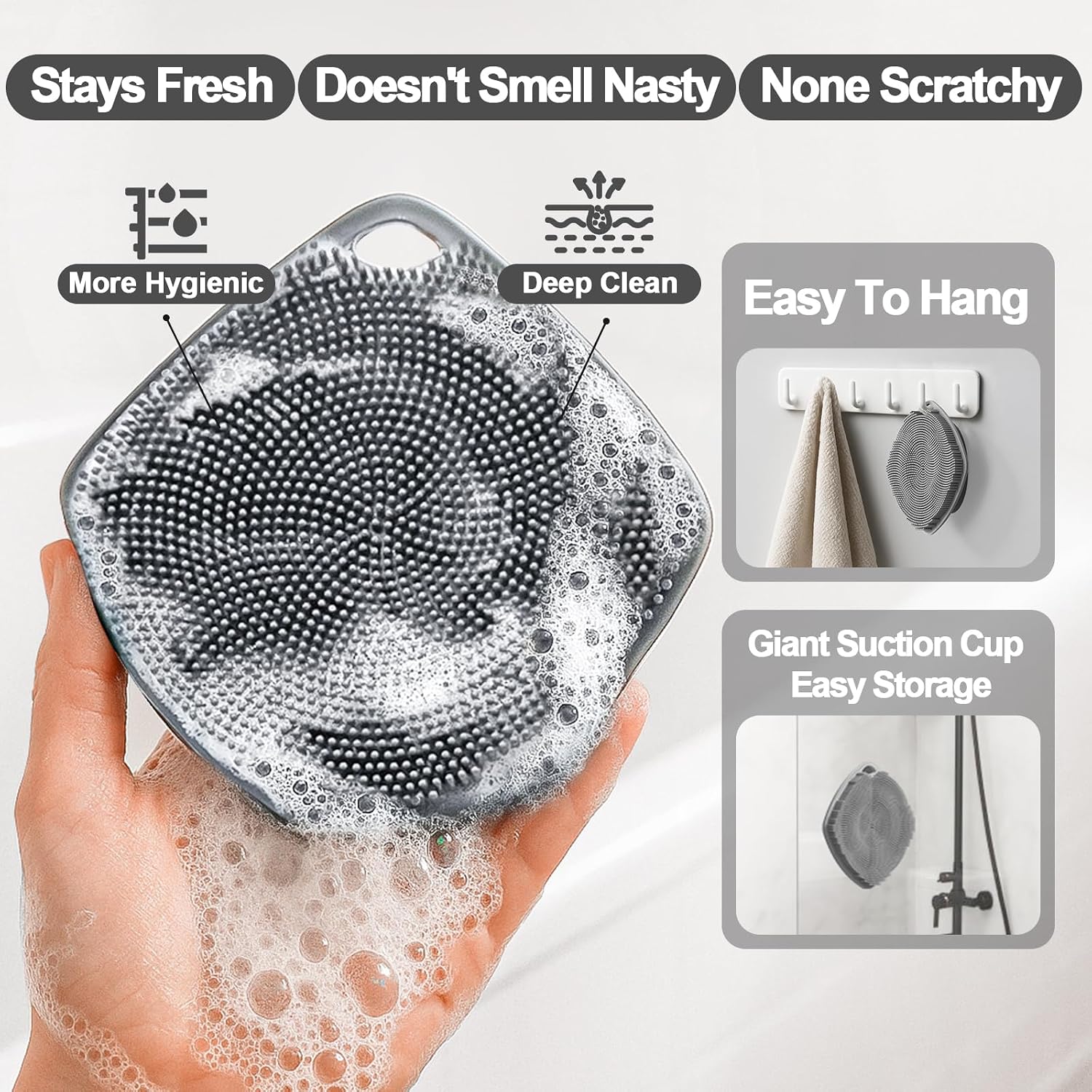 Silicone Body Scrubber, Bath Brush,Gentle Texture Exfoliating Body Scrubber for Men and Women On Sensitive Skin, Soft Scrubber Builds Up Lather, Deep Skin Clean (Gray)