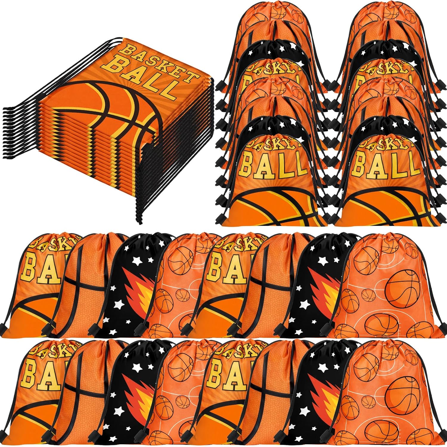 Shappy 32 Pcs Basketball Drawstring Bags Sports Gym Drawstring Goodie Favor Bags Orange Black Gift Backpack Party Favor for Sports Teams Storage Decorations