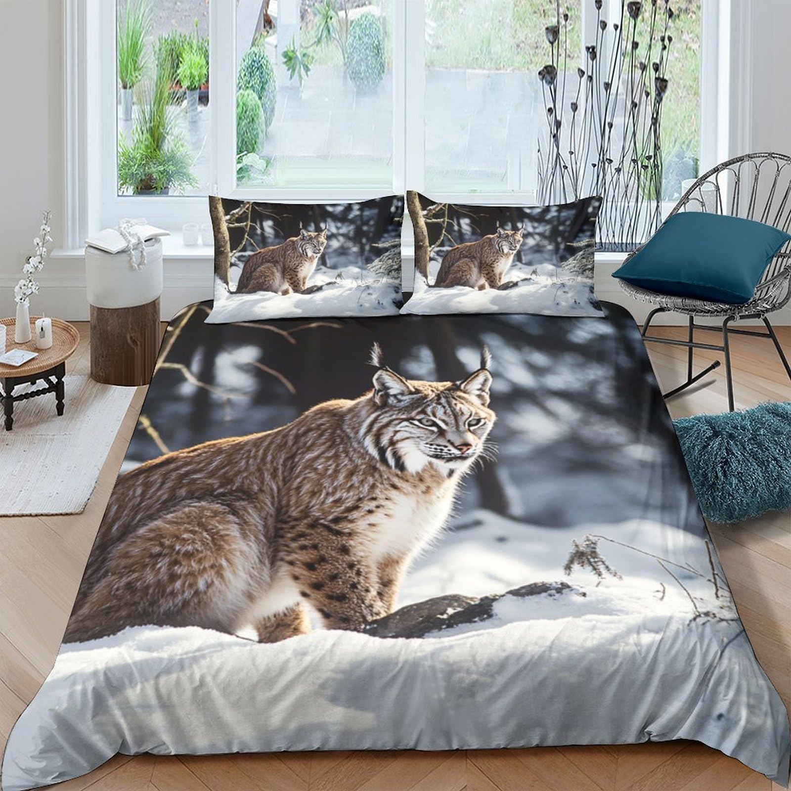 Ctjqhvkz Style-2 3D Printed Wild Lynx Fitted Sheet Microfiber Soft Grey Forest Bed Sheet For Bedroom Guest Room Mattress Decor Single（135X200cm）