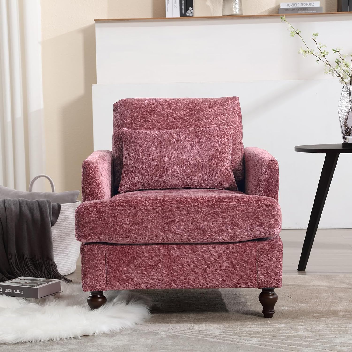 Mid Century Modern Accent Chair with 2 Pillows Chenille Upholstered Armchair with Solid Wood Legs and Thick Cushion Tufted Club Chair Comfy Reading Chair Lounge Chair for Living Room Bedroom, Rose Red