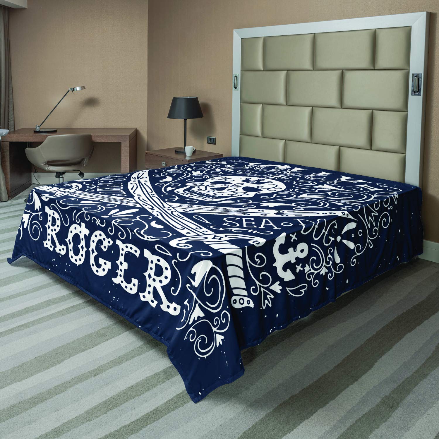 AmbesonneSkull Flat Sheet, Pirates Jolly Roger Flag Sailor Crossed Tools Theme in Blue Tones, Soft Comfortable Top Sheet Decorative Bedding 1 Piece, King Size, White Blue