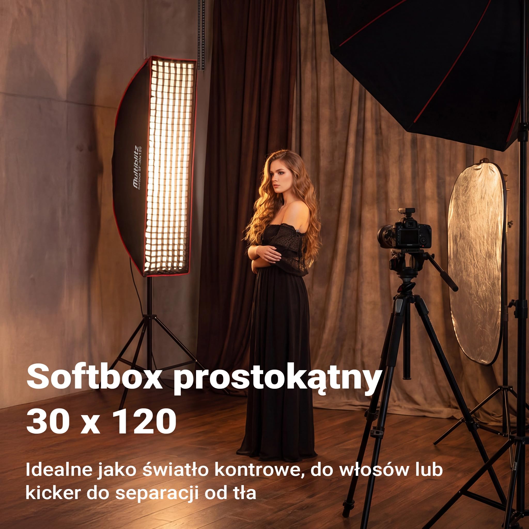 Multiblitz Softbox SF-30x120 Bowens z siatką i dyfuzorami, modyfikator światła do lamp studyjnych i stałego oświetlenia LED, dyfuzor światła do fotografii portretowej i oświetlenia wideo