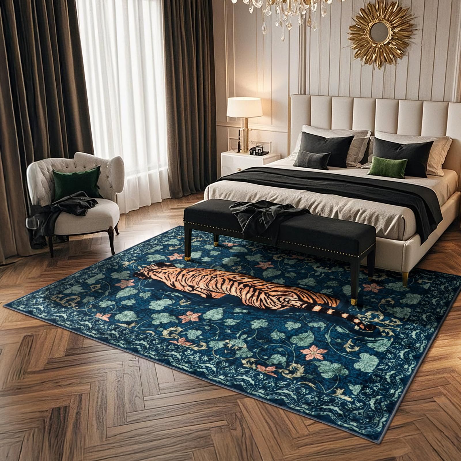 Alfombra lavable para salón, 120 x 180 cm, alfombra verde tigre con base antideslizante, alfombra suave y corta para cocina, alfombra grande bohemia para baño, dormitorio, oficina