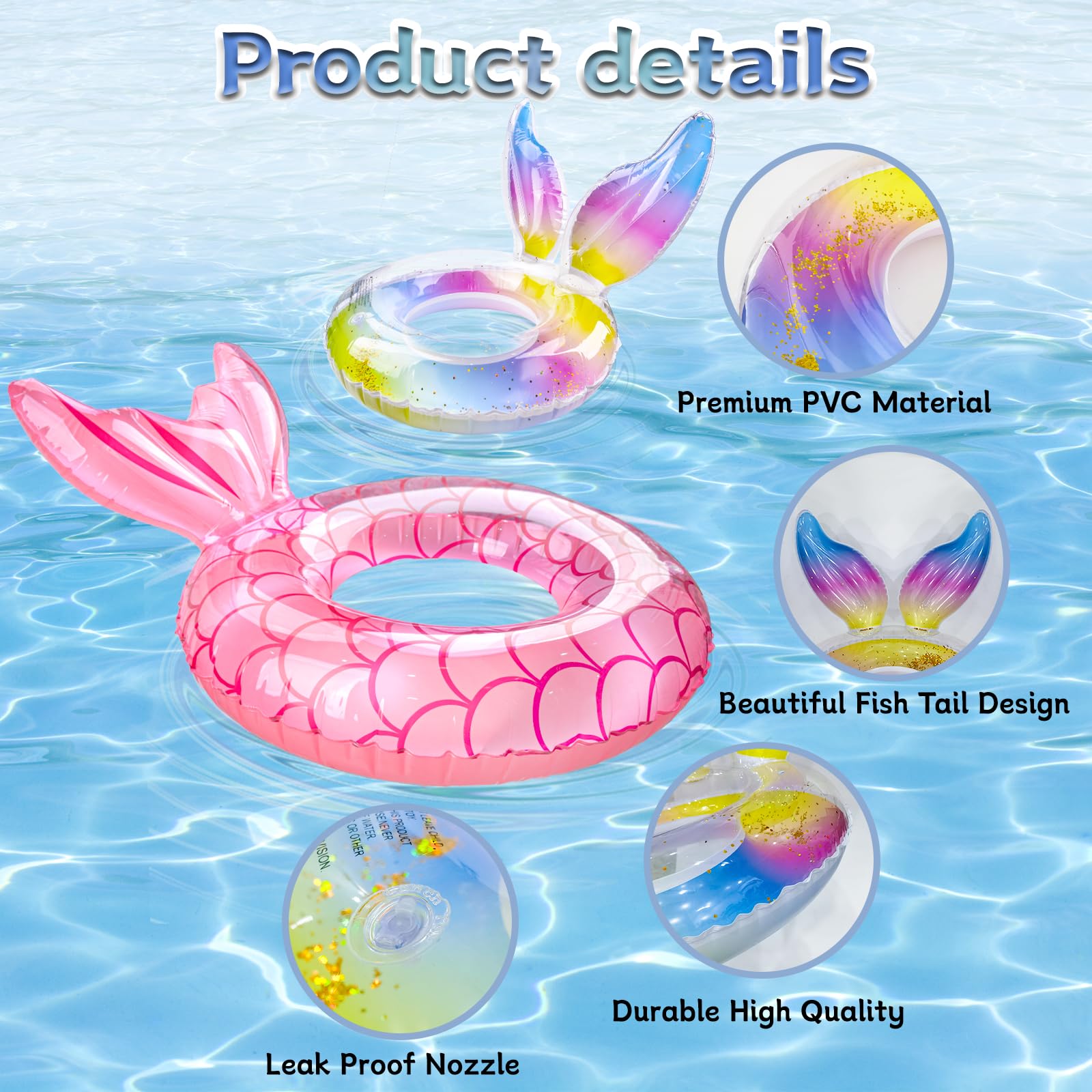 Pool Inflatables for Kids, Rubber Ring for Adult, 2pcs Swimming Ring Inflatable Pool Toys, Pool Float Swimming Pool Inflatables for Adults & Kids, Mermaid Water Toys for Summer Beach Pool Party - Image 3