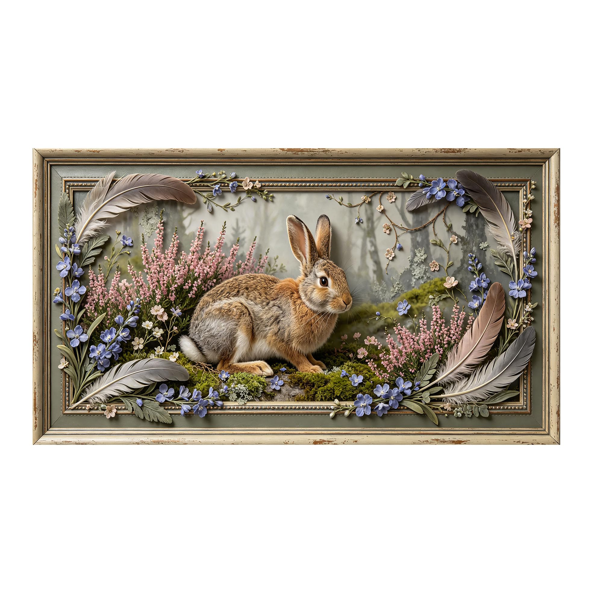 Yzpallescene 3D 3D Framed Wall Art 50cm×90cm Bunny Floral Pastoral Botanical Oil Painting Large Size SelfAdhesive Removable Wall Decor Prints Artwork for Living Room Bedroom Office
