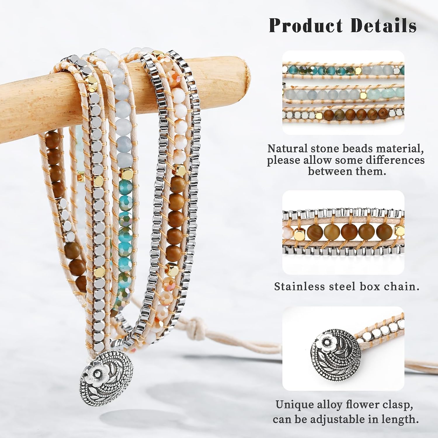 Boho 5 Wrap Bead Bracelet for Men Women - Handmade Adjustable Natural Chakras Stone Crystal Beaded Bracelets Cuff Rope Yoga Healing Bracelet Bangle Hippie Jewelry