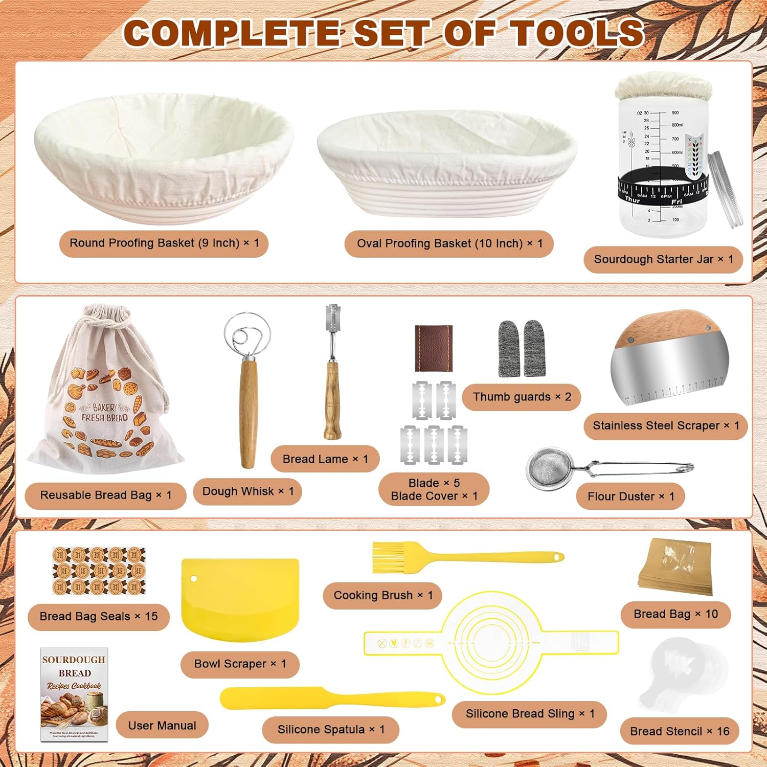 Sourdough Starter Kit,Sourdough Bread Baking Supplies, 9" Round and 10" Oval Banneton Bread Proofing Basket Set with Sourdough Starter Jar, Sourdough Bread Making Kit Valentine's Gifts for Women Wife - Image 3