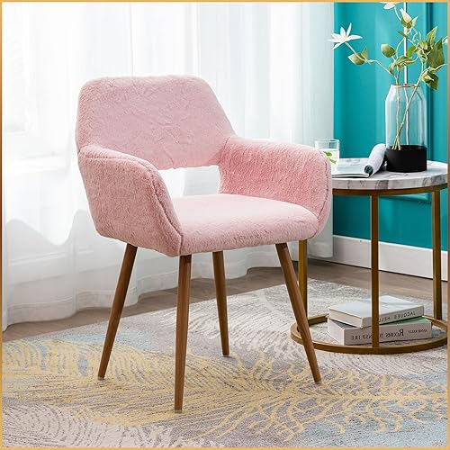 Miniatura 2 de Juego de 2 sillas de escritorio peludas, modernas sillas de oficina en casa sin ruedas, silla de tocador de piel sintética con respaldo hueco,