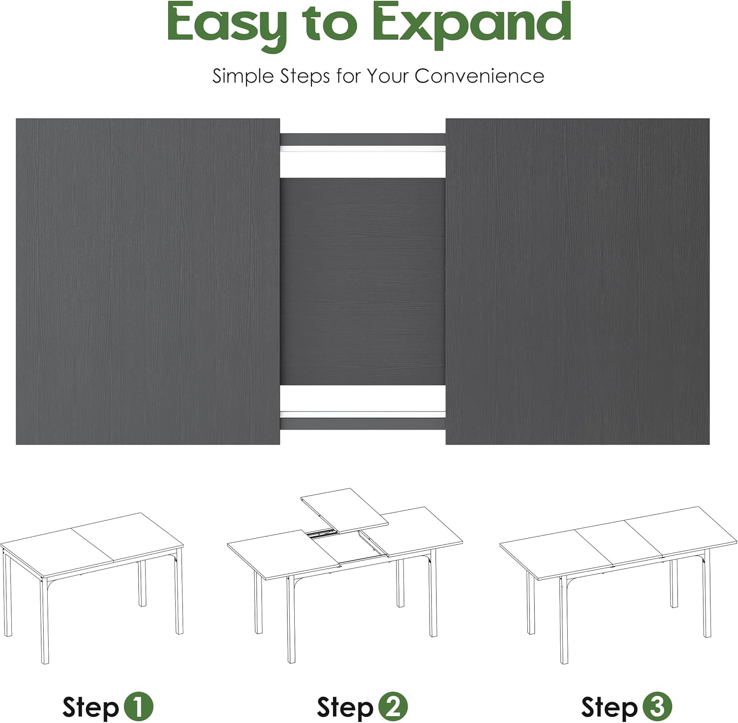 Extendable Dining Table, Rectangle Kitchen Table for 4-8 People, Modern Wooden Dinner Table with Strong Metal Legs, Space Saving Expandable Dining Room Table for Restaurant, Conference, Black