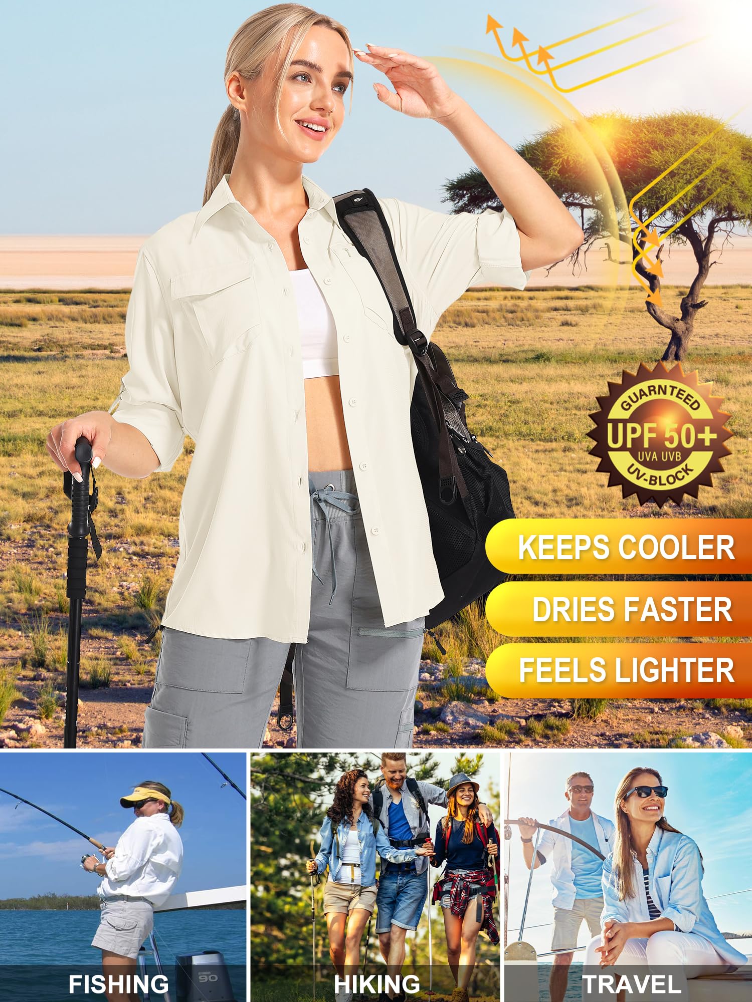 Camisa Safari para mujer, protección solar UPF 50, secado rápido, manga larga, senderismo, pesca, viajes al aire libre