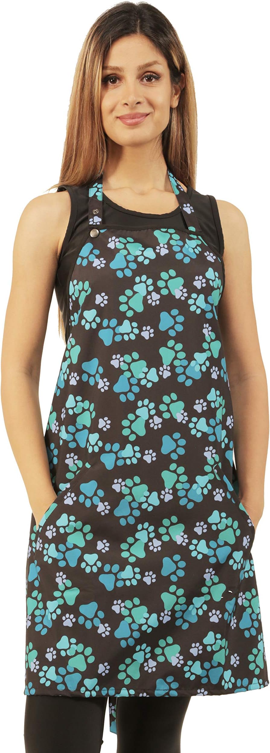 Ladybird Line 607 Blue Paw Print Design Waterproof Grooming and Styling Apron, Hair and Bleach Resistant, 2 Front Pockets, Adjustable Neckband, and Mesh Lined, Ideal for Pet Groomers One Size
