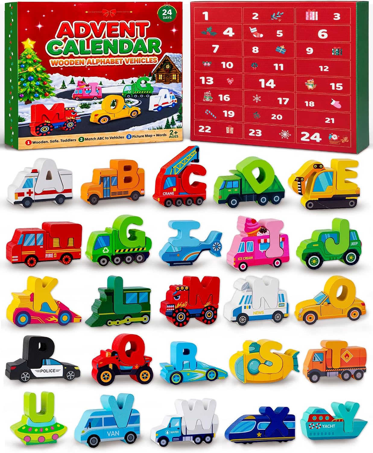 Advent Calendar 2026 Vehicle Alphabet Matching Puzzles for Toddlers 26 PCS | Learn Through Play, Vehicle Picture & Word Matching Chart, Fine Motor & Cognitive Development, Screen-Free Play, Durable Wood